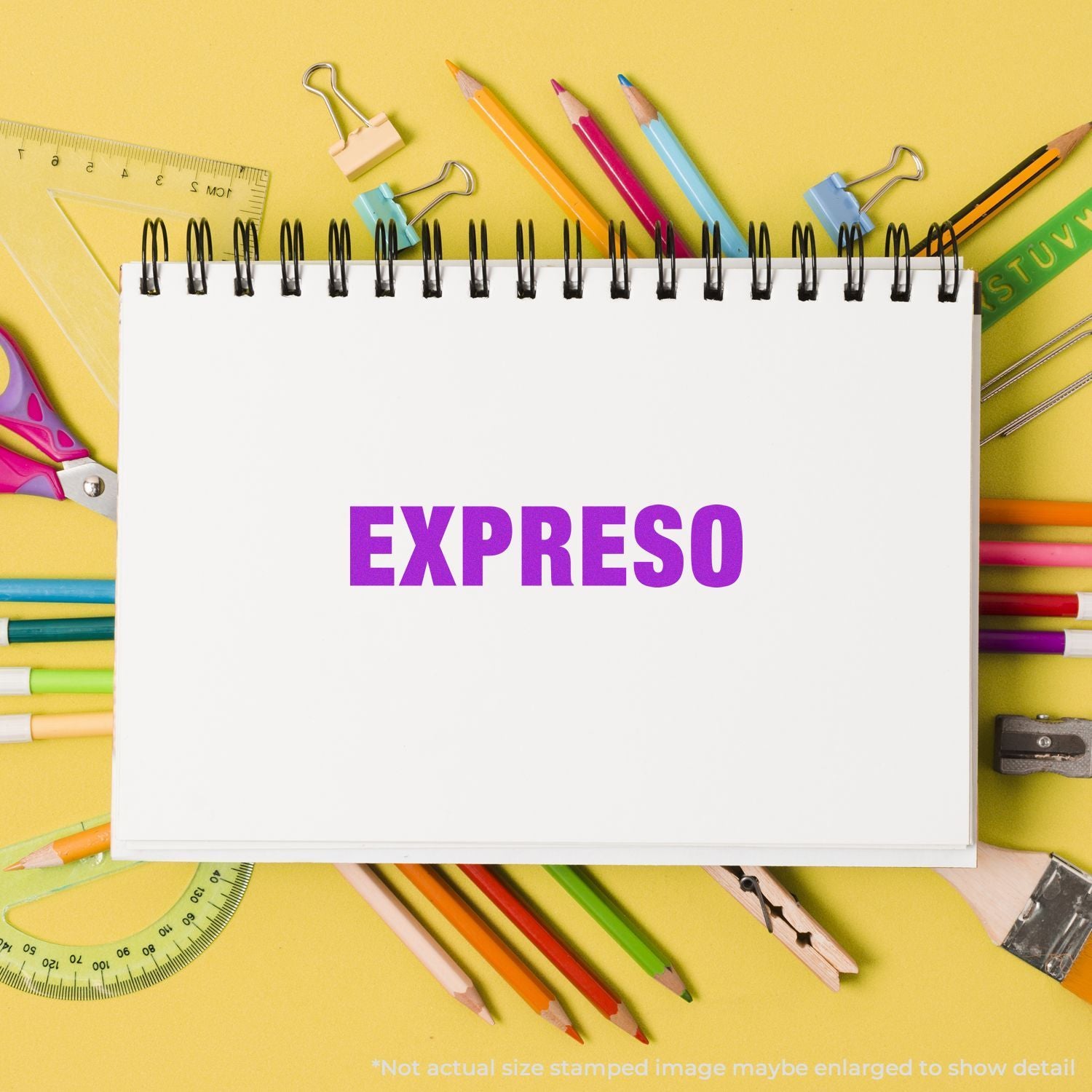 Exam study template with 'EXPRESO' on notebook page, surrounded by pencils, rulers, and school supplies on yellow background