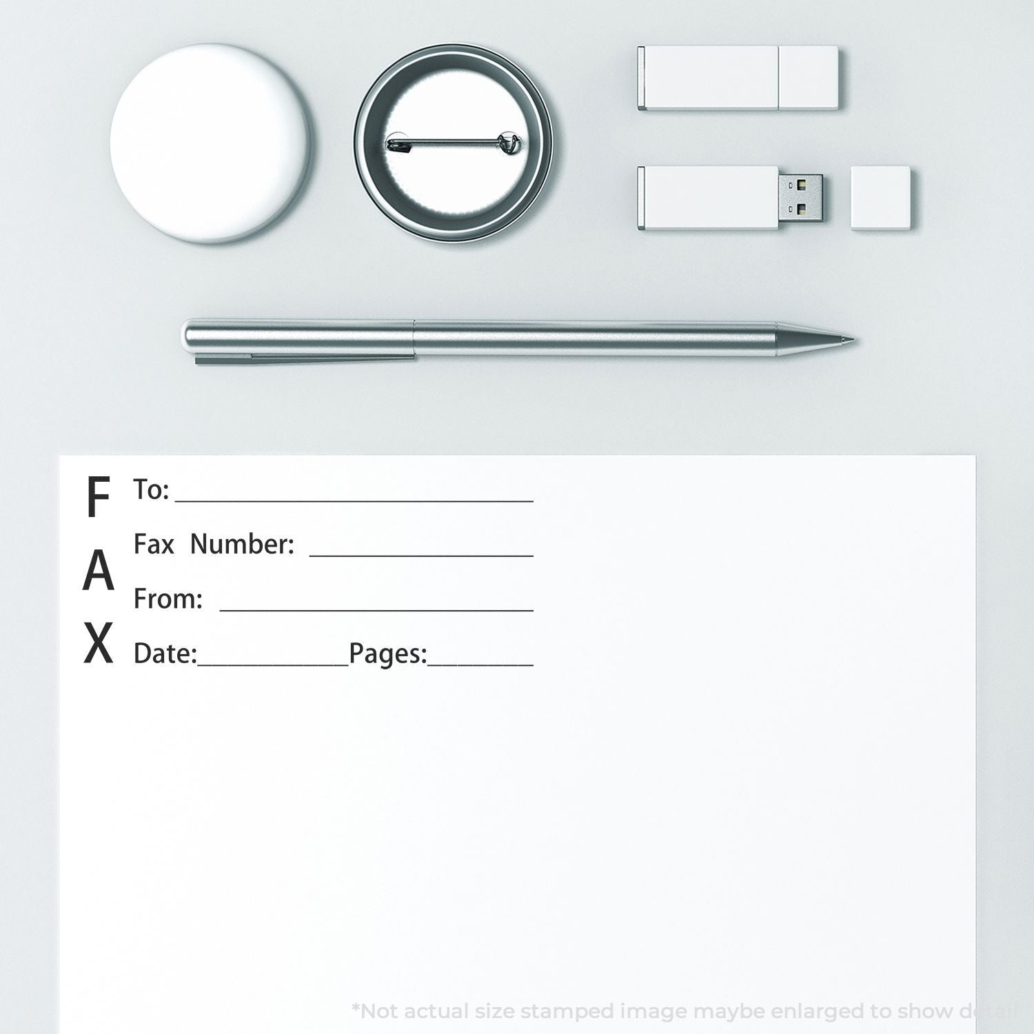 Minimalist white office branding mockup with fax cover sheet, silver pen, USB drives, and round buttons on a clean background