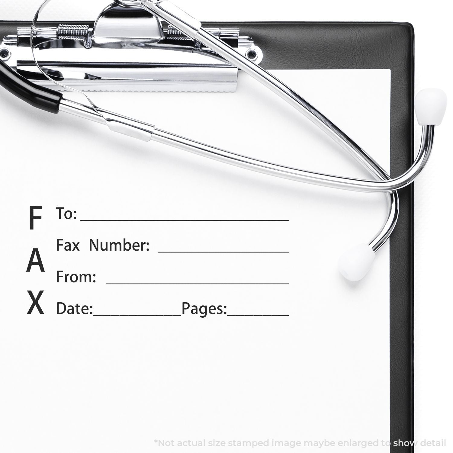 Medical fax cover sheet on clipboard with stethoscope, blank fields for To, Fax Number, From, Date, and Pages.