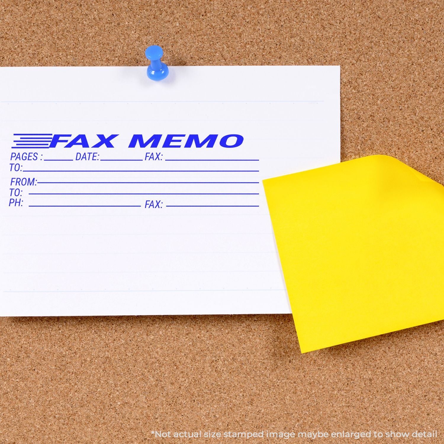 Fax memo document on corkboard with blue pushpin and yellow sticky noteoffice communication and fax cover page concept