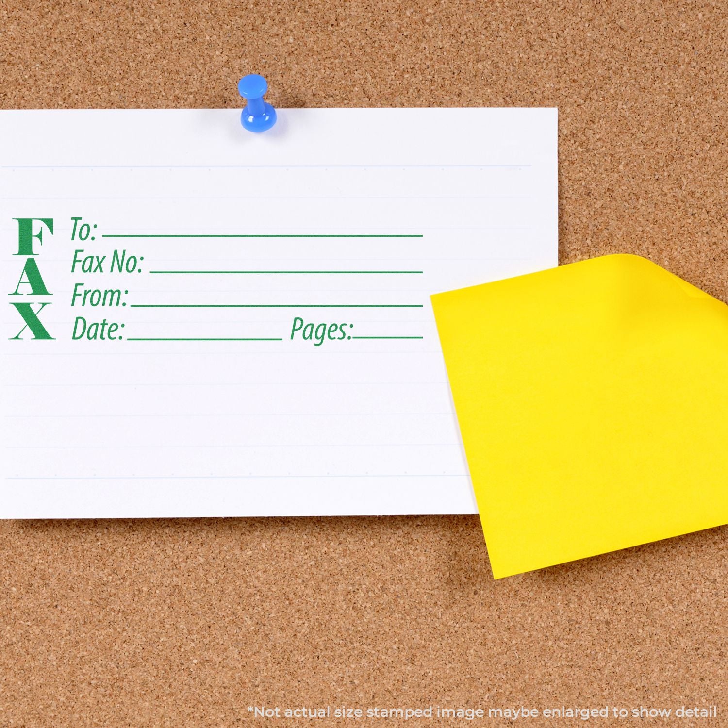 Blank fax cover sheet pinned to corkboard with yellow sticky note, office fax form template for business communication