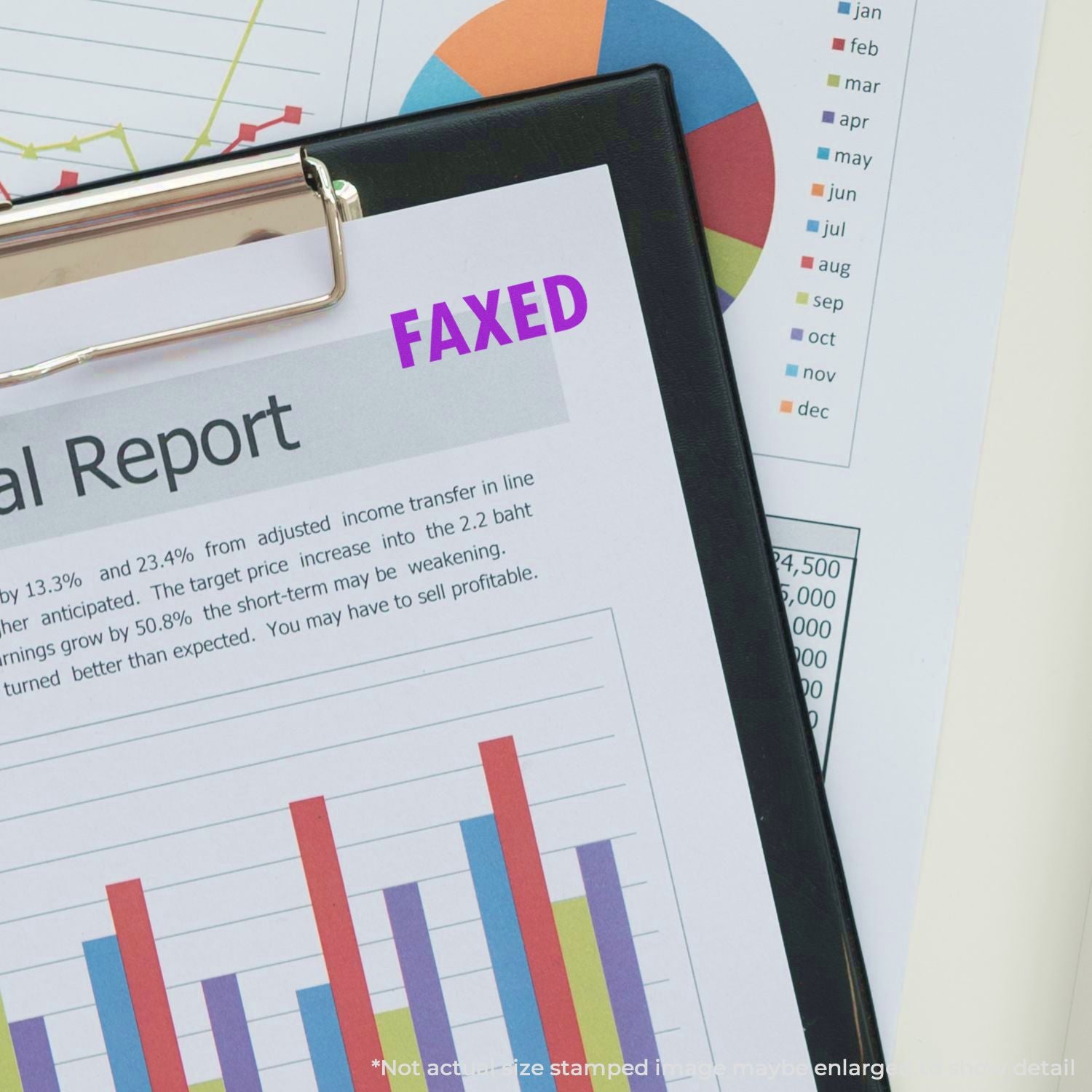 Tablet showing FAXED document over monthly financial report charts, highlighting business reporting and data transfer status for accounting.