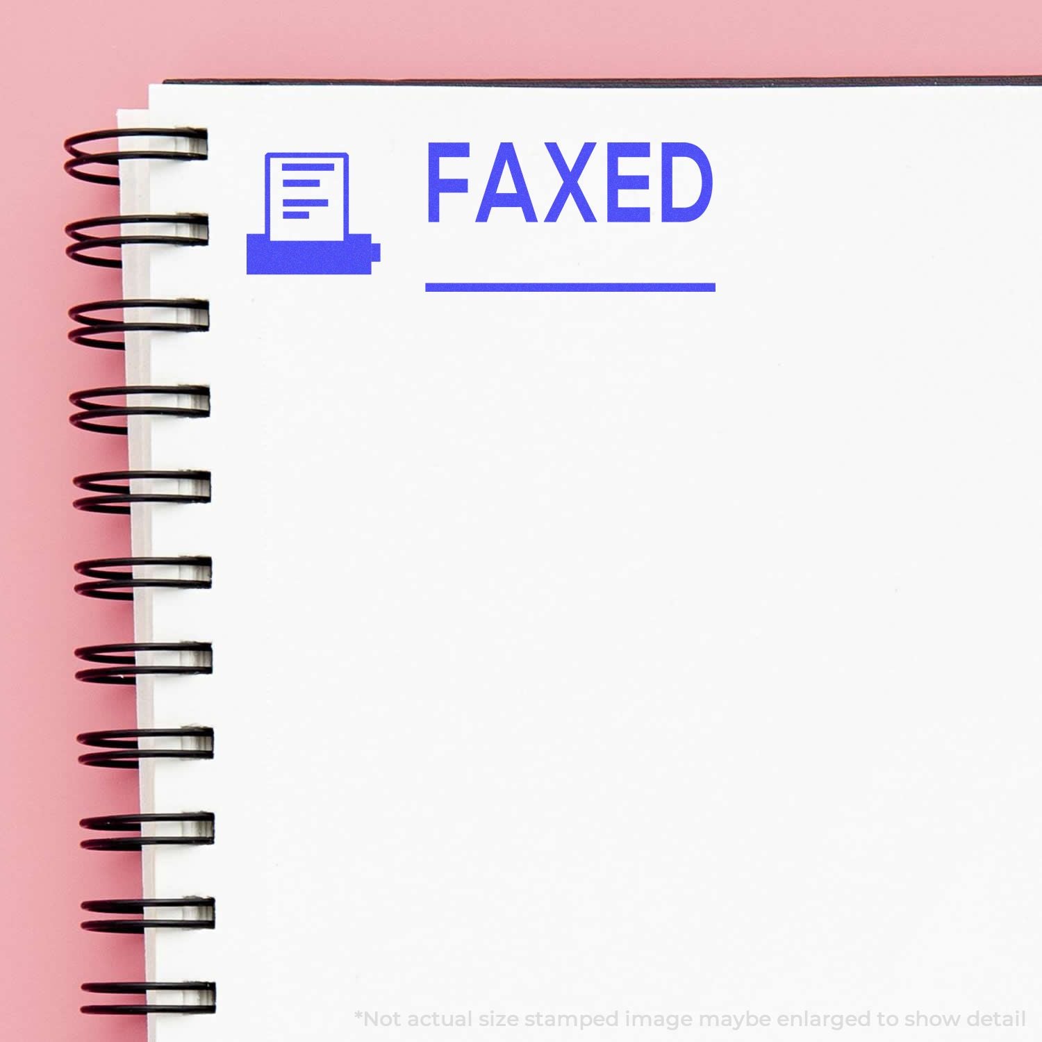 Faxed document confirmation stamp on notebook page, with printer icon and FAXED text for sending records and proof