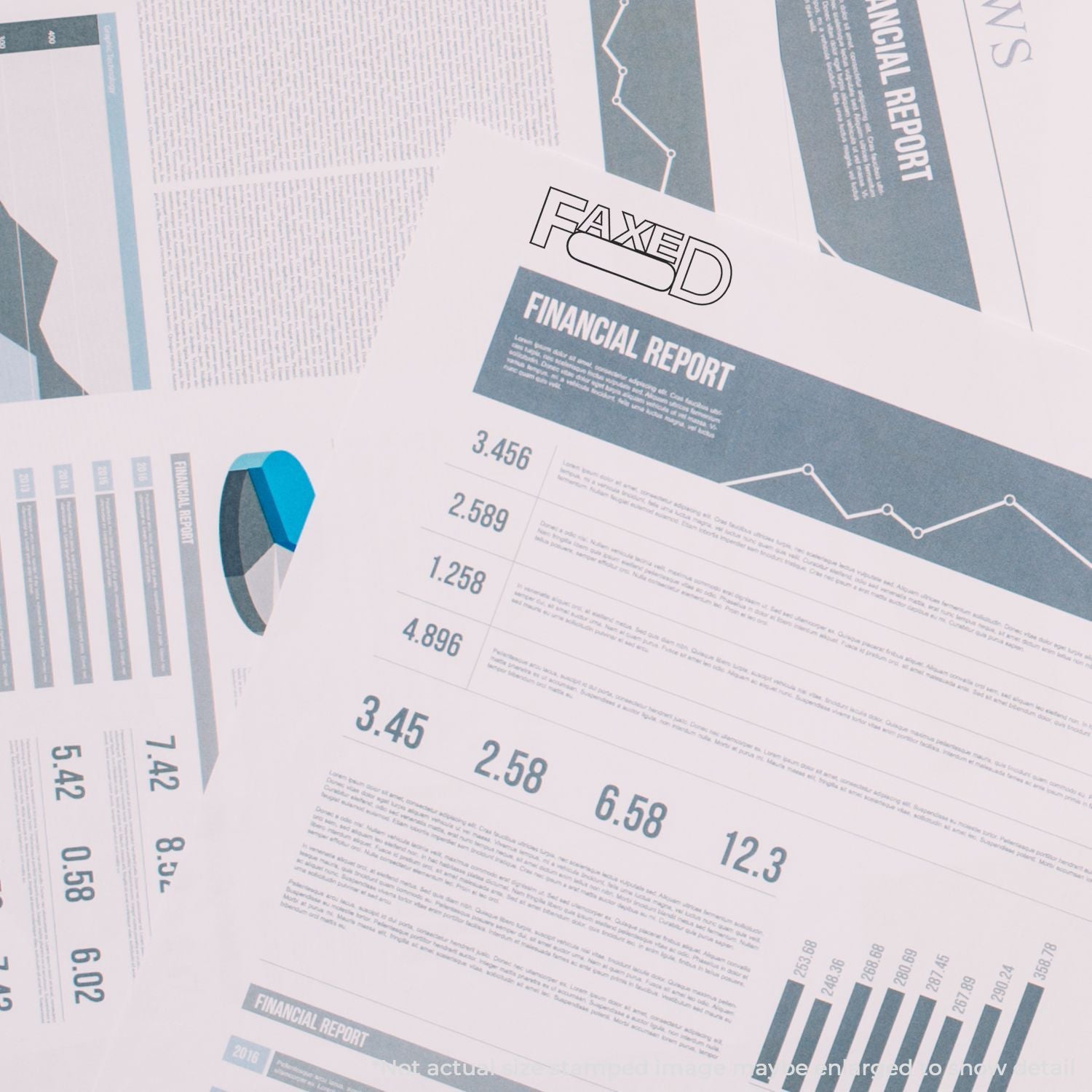 Printed financial report pages with charts, graphs, and data analytics, featuring a Faked stamp on a business document.