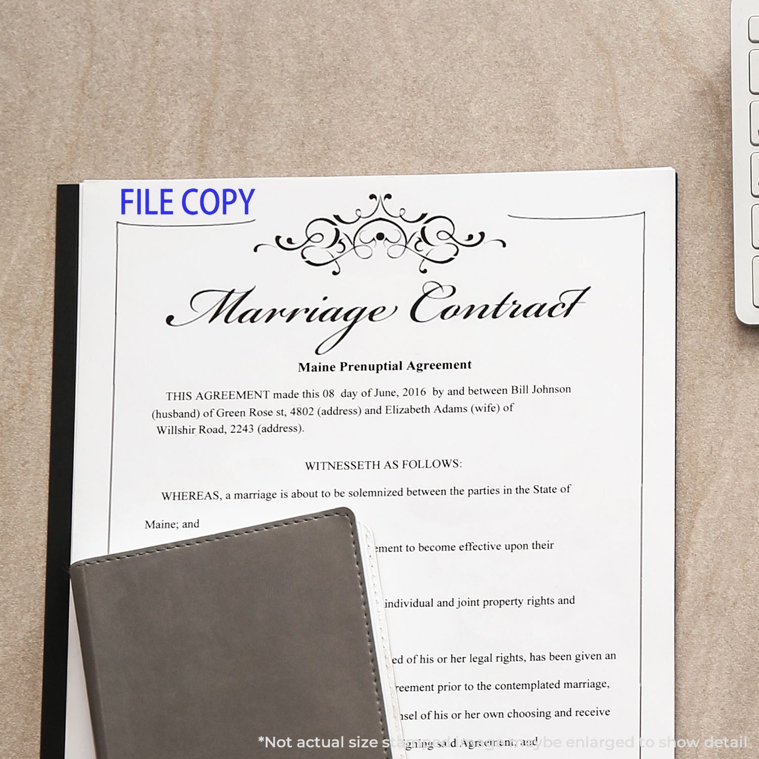 Filed copy of Maine prenup marriage contract document showing Marriage Contract and agreement details.