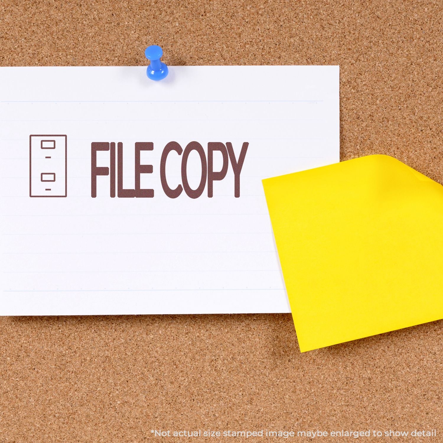 File copy document pinned to a cork bulletin board with a blue pushpin and yellow sticky note.