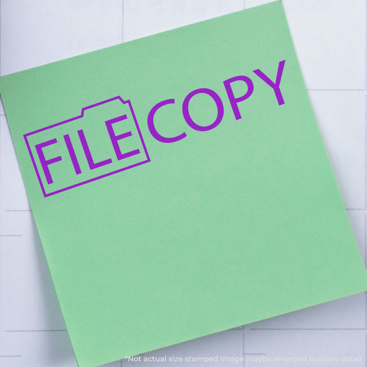 Green file copy label on paper background, featuring bold purple FILE COPY text for document backup and duplication branding.