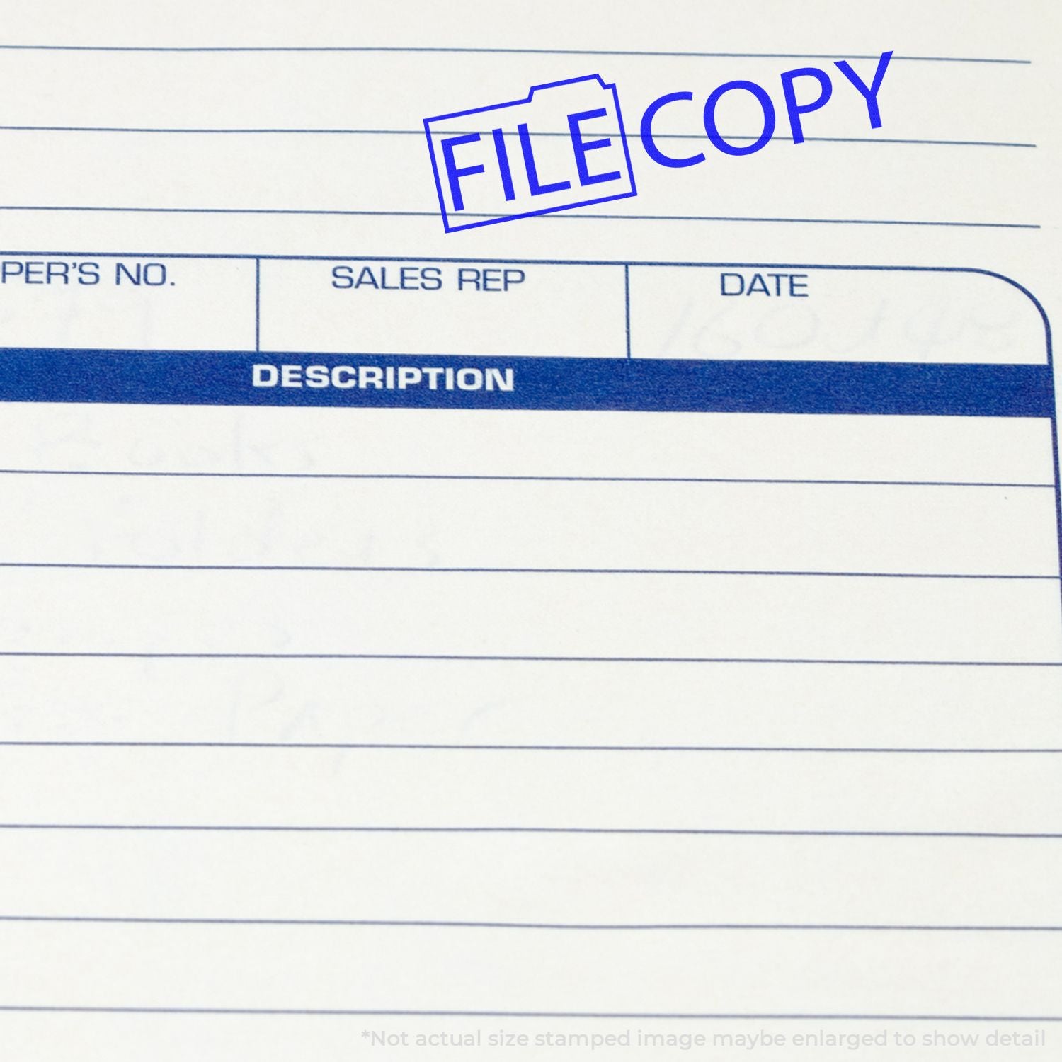 File copy document form showing sales rep, date, and description fields with File Copy stamp for record keeping.