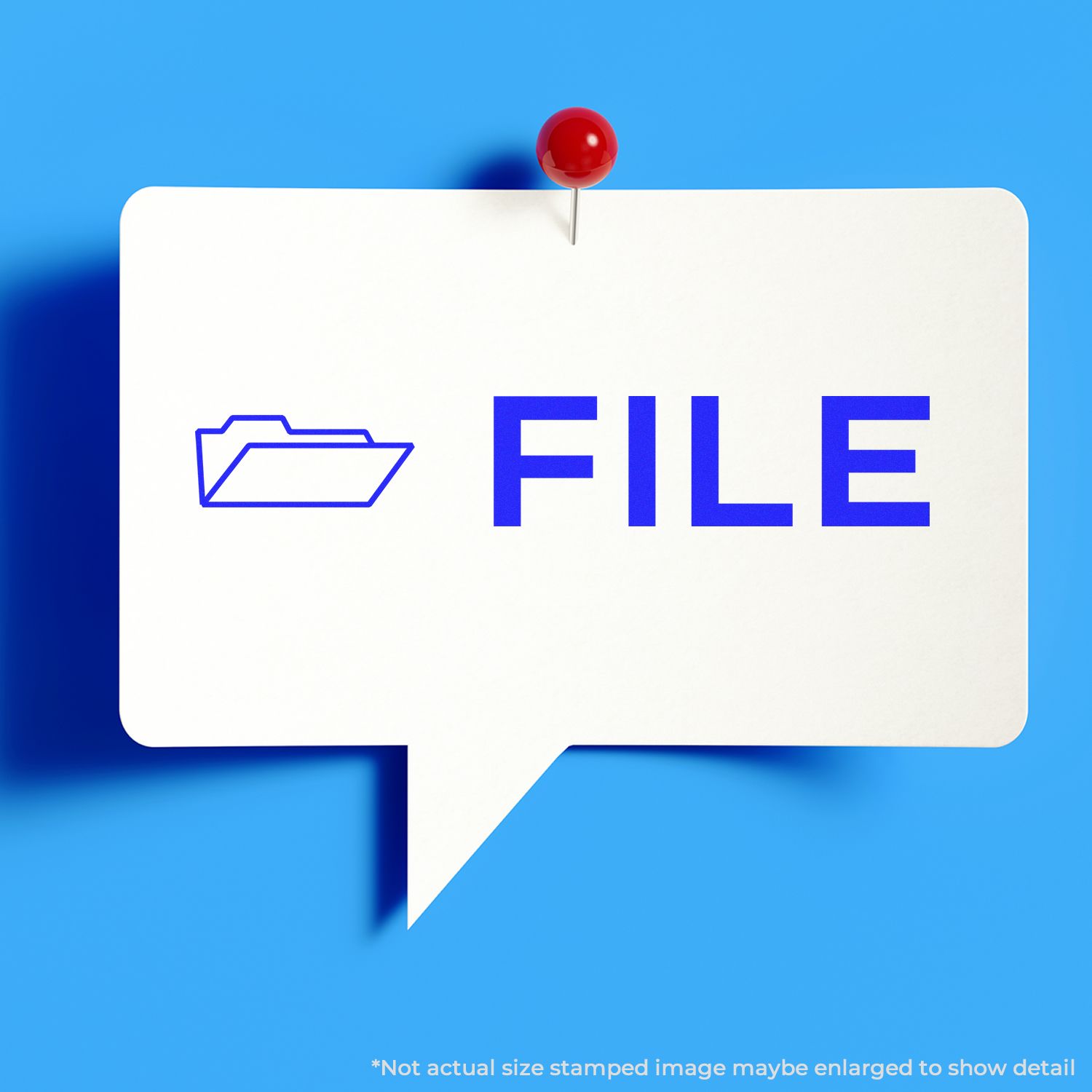 Blue speech bubble with file folder icon and the word FILE pinned with a red pushpin on a blue background.