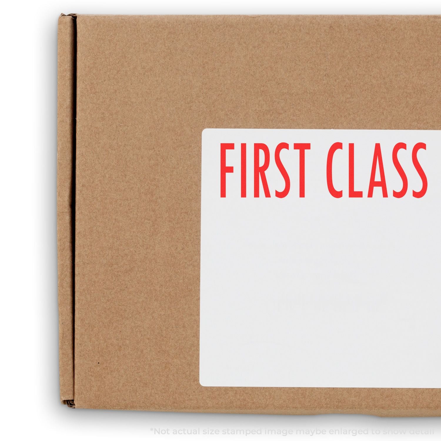 Kraft mailer with bold FIRST CLASS stamp, showing USPS first-class delivery packaging concept