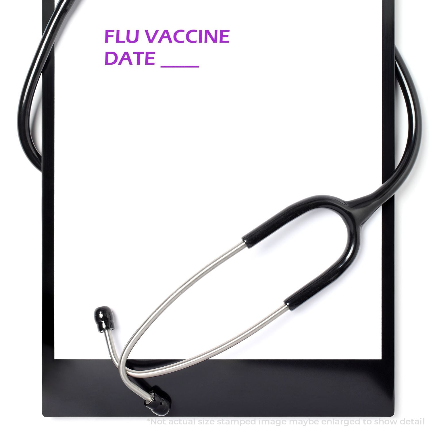 Flu vaccine date reminder with stethoscope, promoting flu shots and seasonal influenza prevention in healthcare.