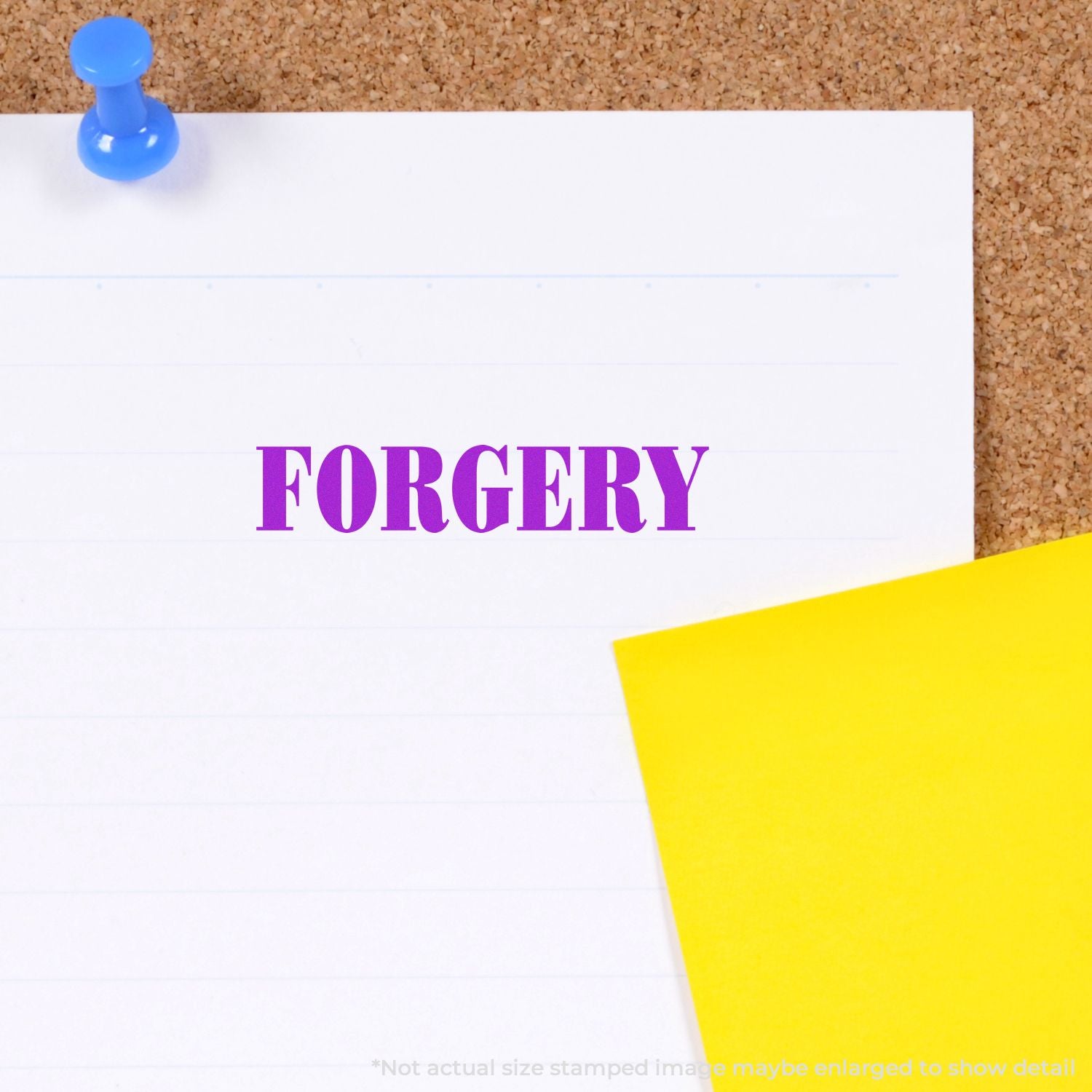 Forged document notice on corkboard with pinned paper and yellow sticky note.