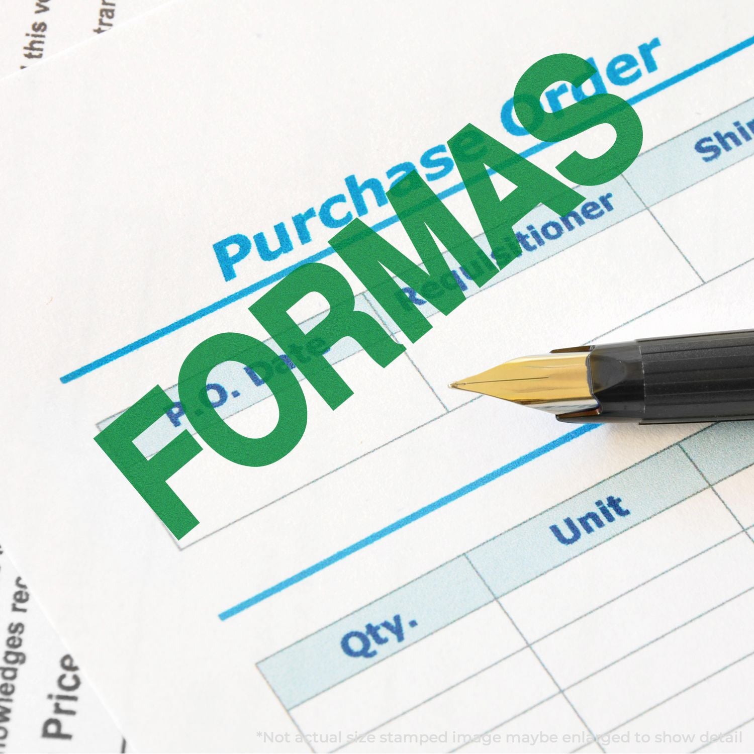 Green FORMS stamp on a purchase order form with a fountain pen, business paperwork and office document concept.