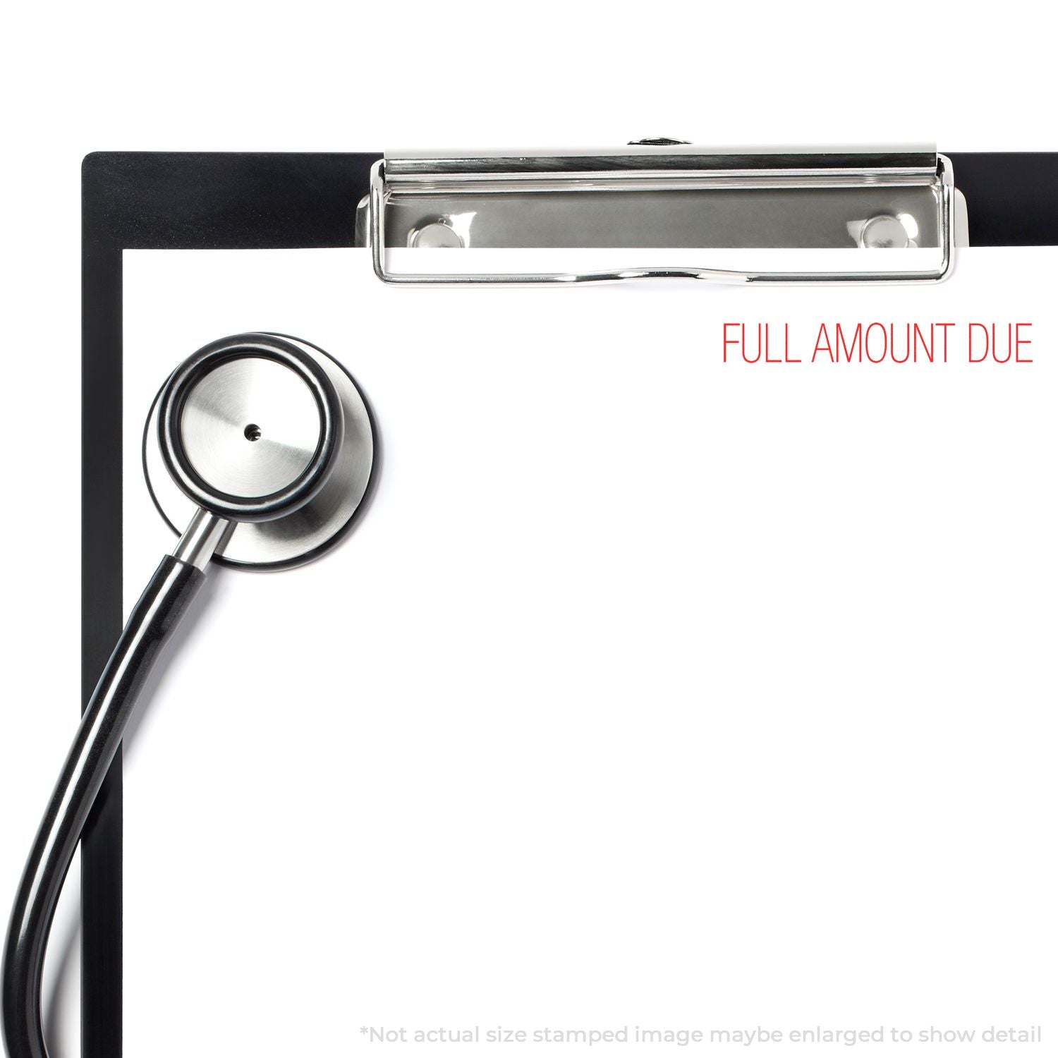 Medical billing clipboard with stethoscope and Full Amount Due text, healthcare payment reminder concept.
