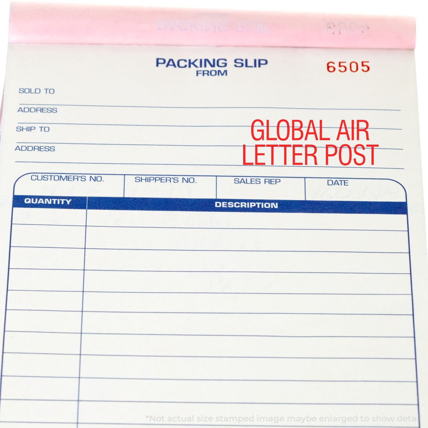 Packing slip form for Global Air Letter Post shipping, with sold-to and ship-to fields and logistics reference 6505.