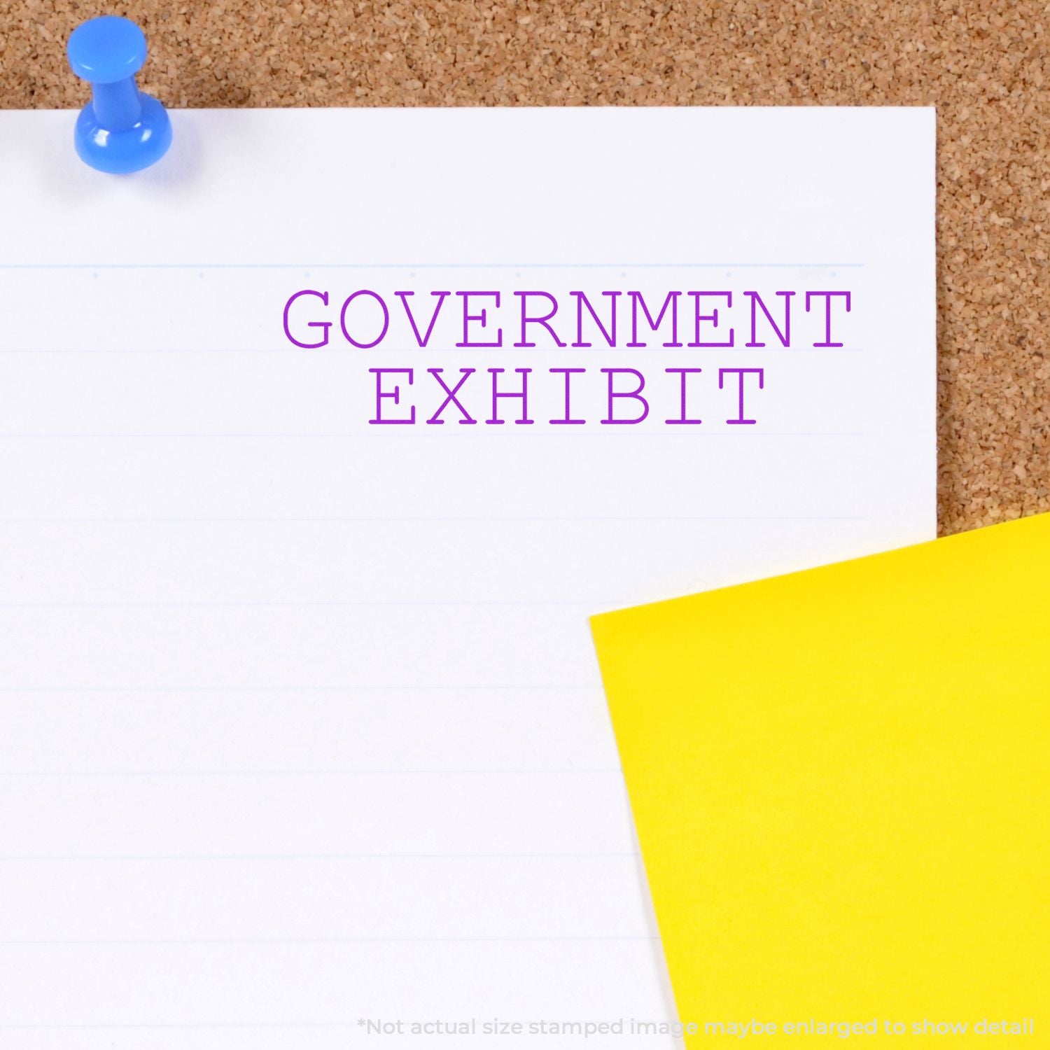 Government Exhibit label on pinned paper against corkboard, showing legal document exhibit for court or case reference.