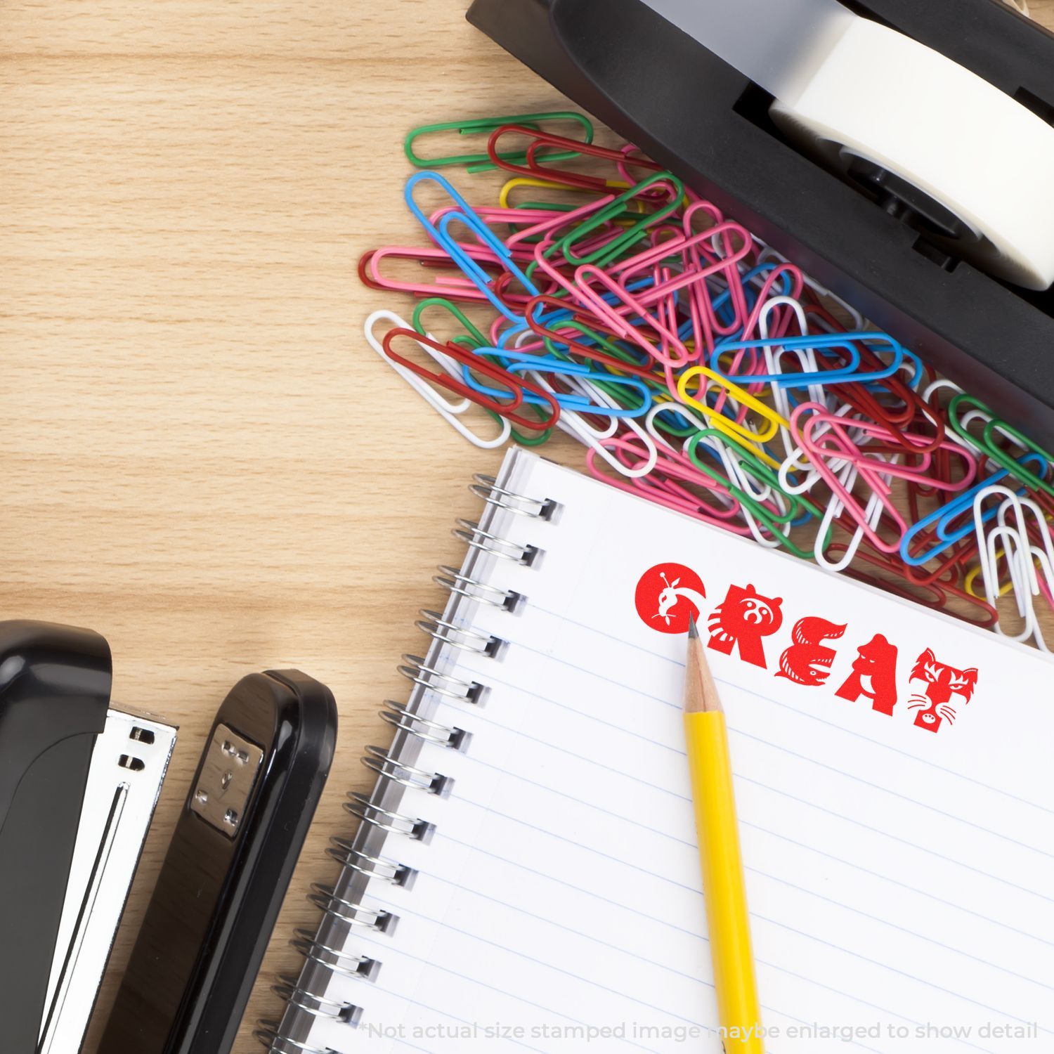 Colorful paperclips spilled on an office desk beside a notebook and pencil for planning, school studying, and efficient organization