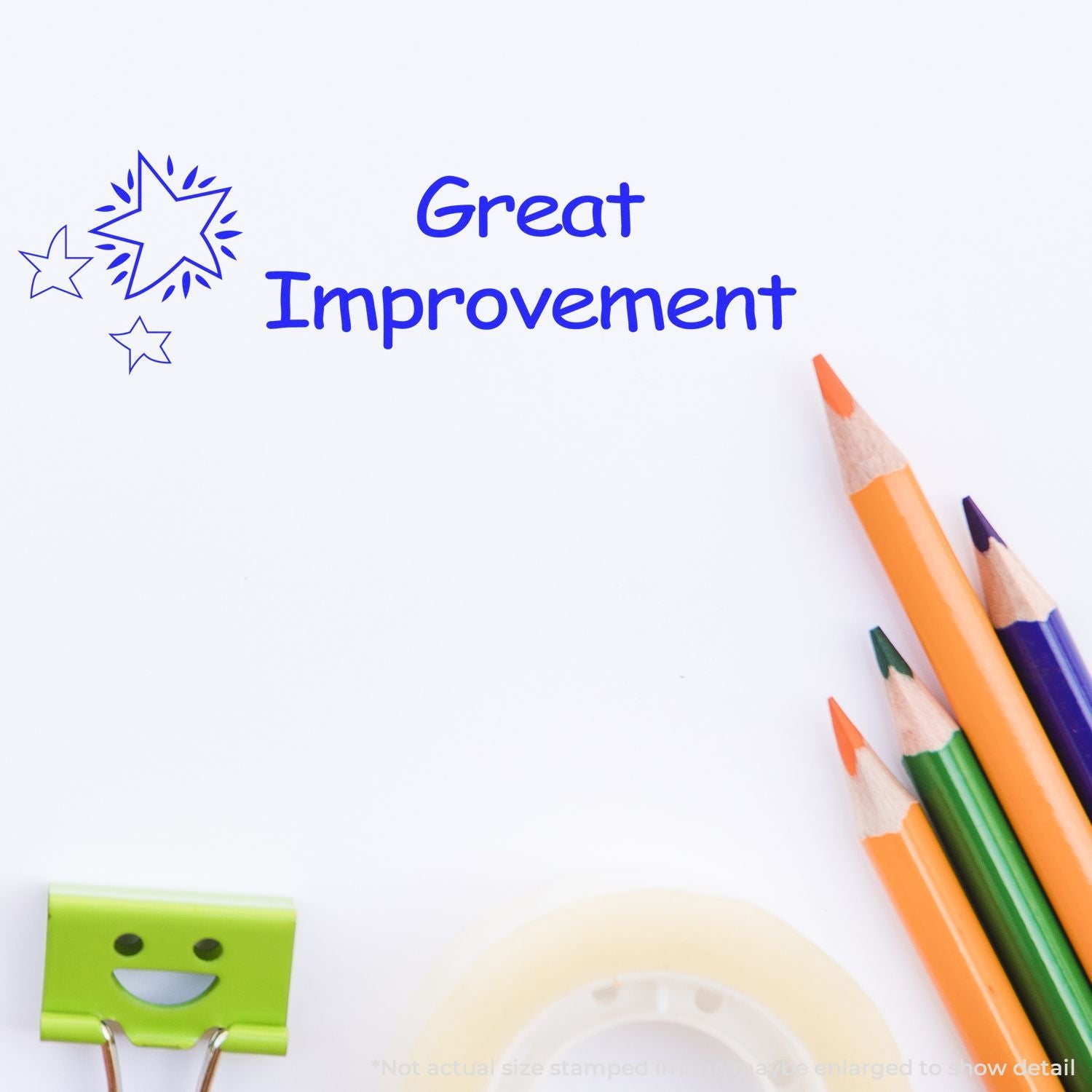 Great Improvement stamp design with stars, colored pencils, and a smiley binder clip on a white background.