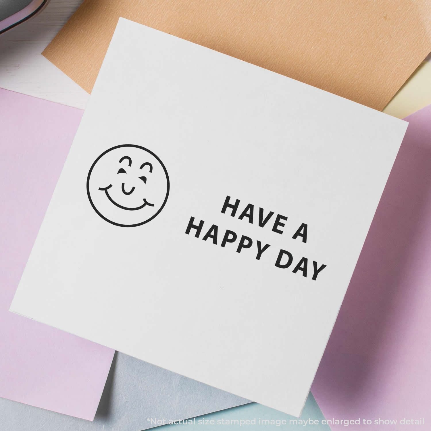 Happy day greeting card with smiley face and Have a Happy Day text on pastel background.