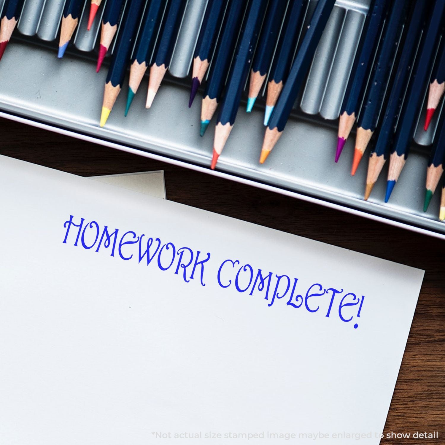 Colored pencils lined up above a worksheet reading Homework Completed, highlighting education, study time, and achievement.