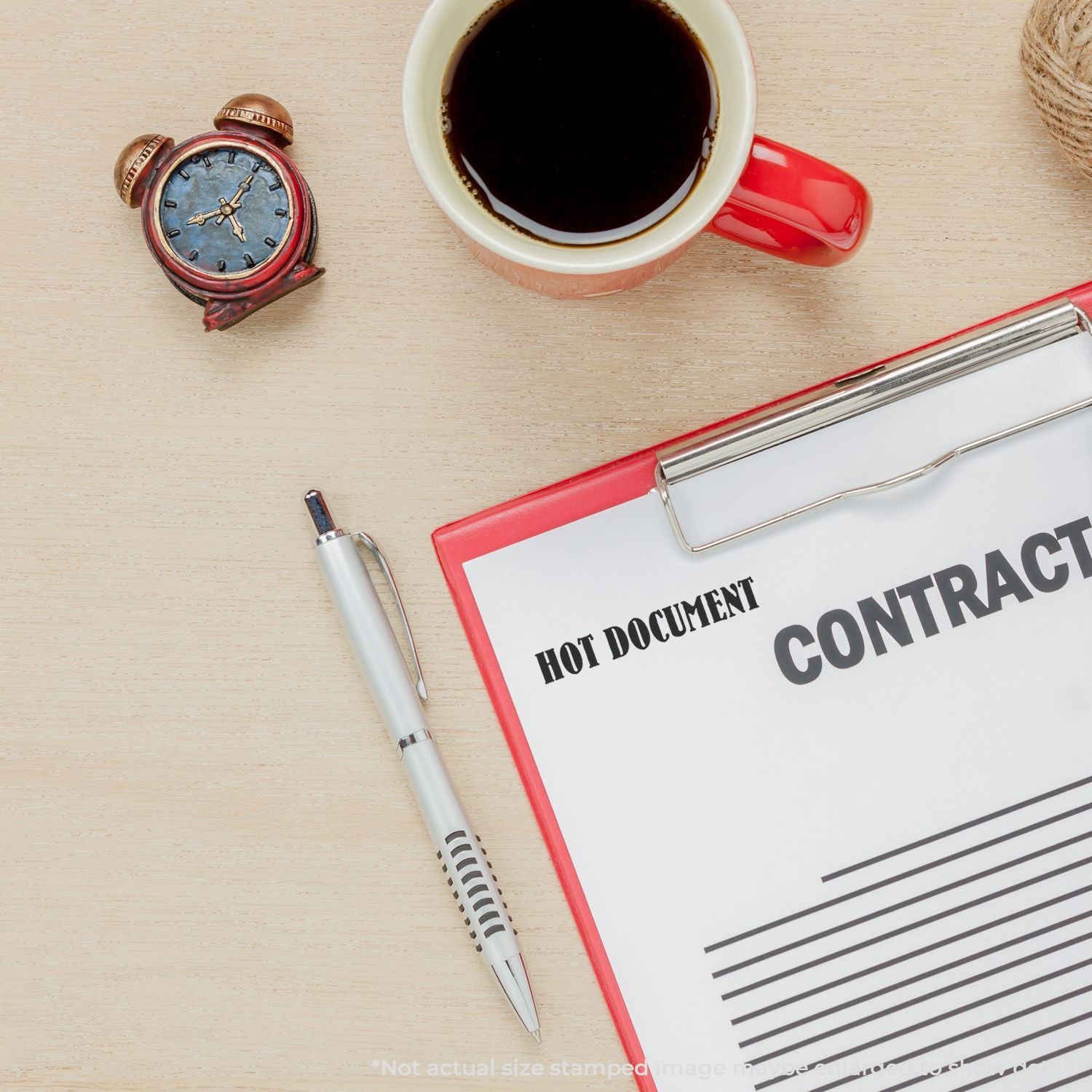 Hot document control concept with coffee, stopwatch, pen, and document clipboard for process timing and compliance quality management.