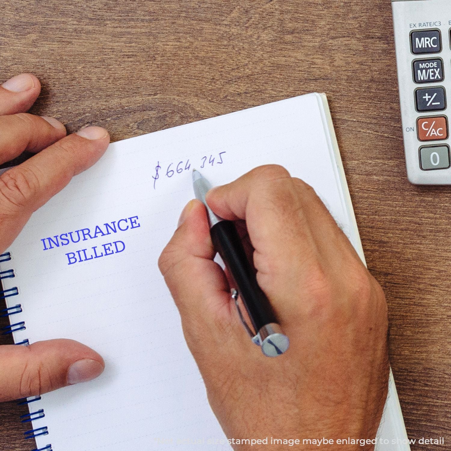 Hand writing insurance billing invoice totals with calculator, showing a handwritten $664.34 amount for accurate financial processing