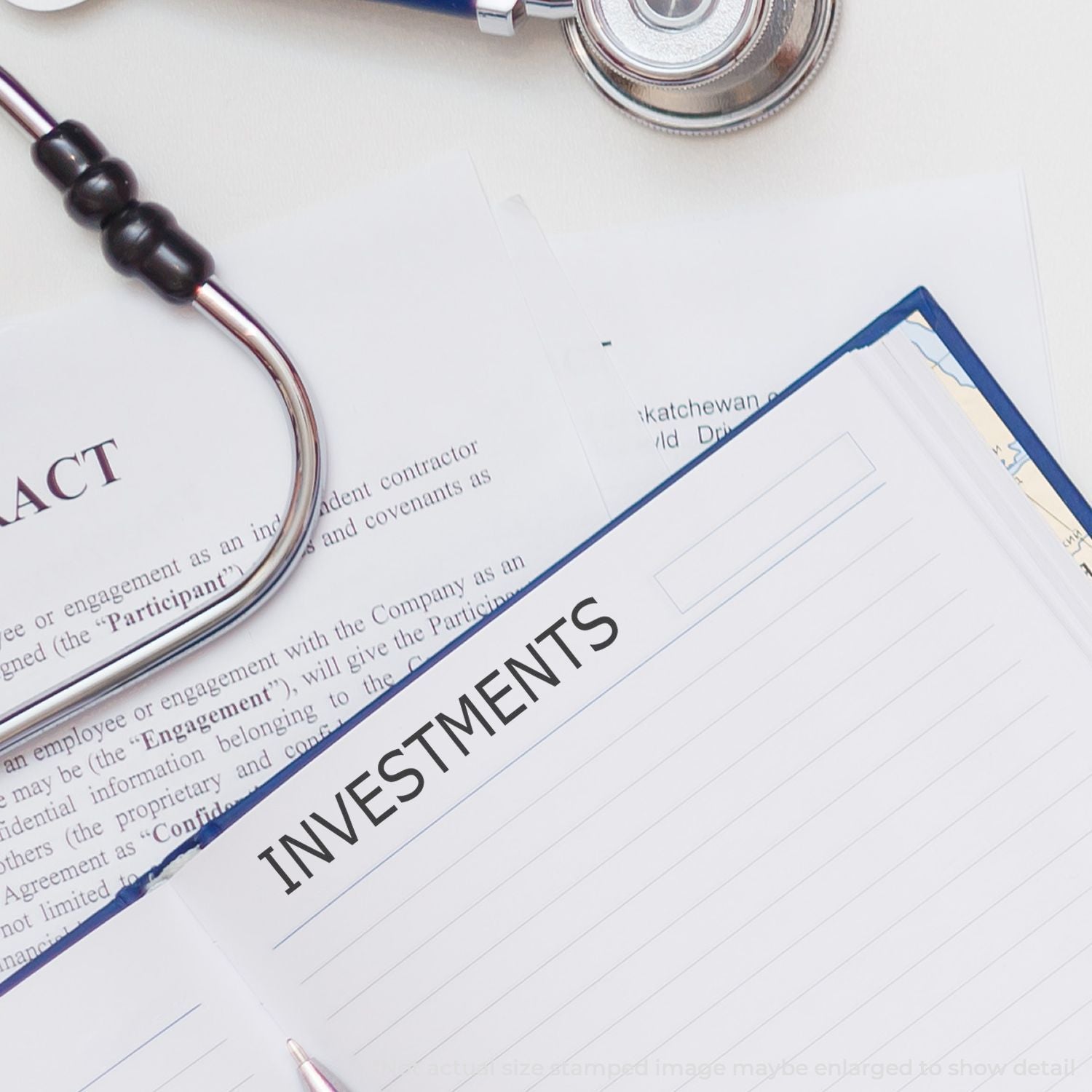 Close-up of an investments document on a legal contract page, illustrating review and compliance for investment agreements.