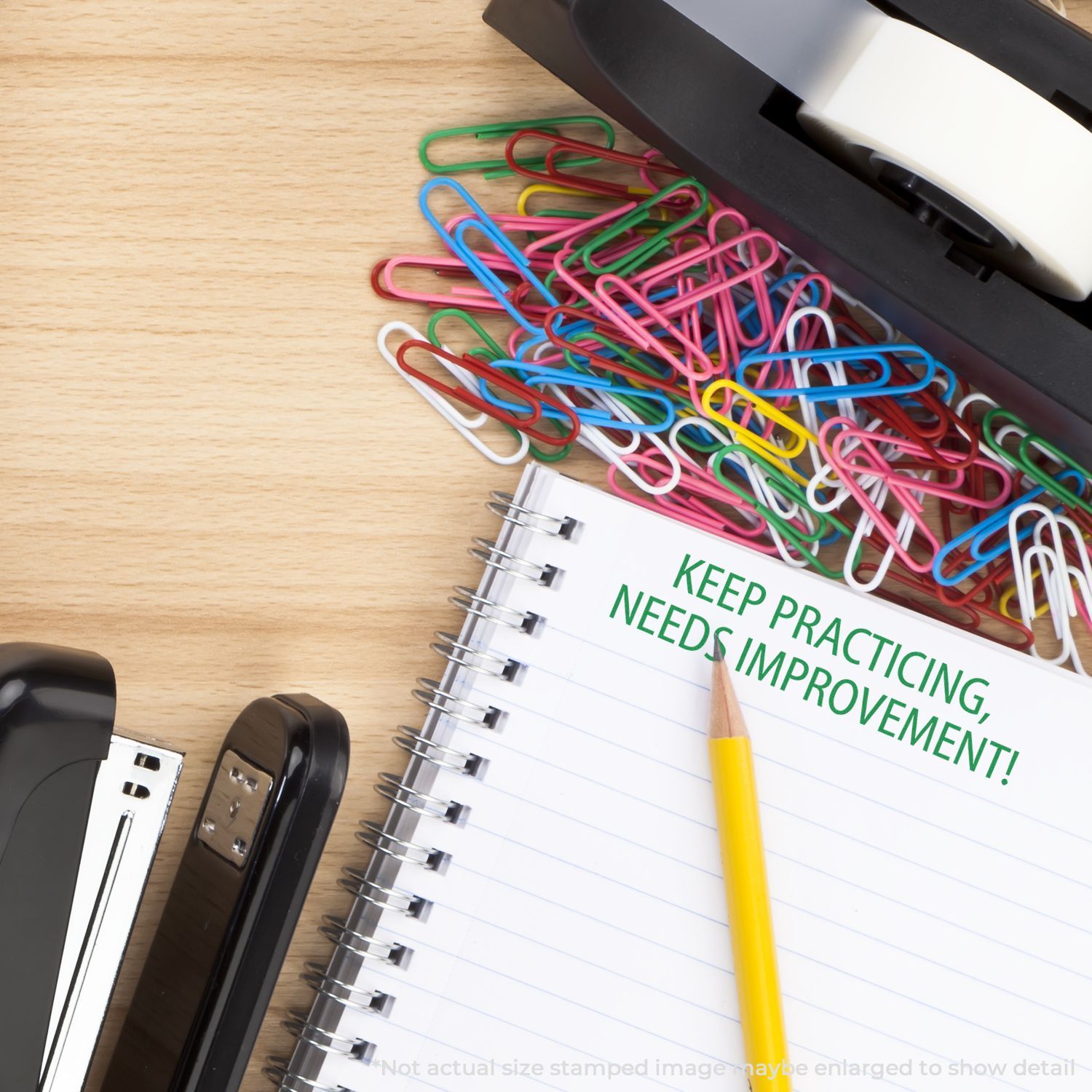 Notebook with motivational message Keep PracticingNeeds Improvement! alongside colorful paperclips and office stationery on desk.