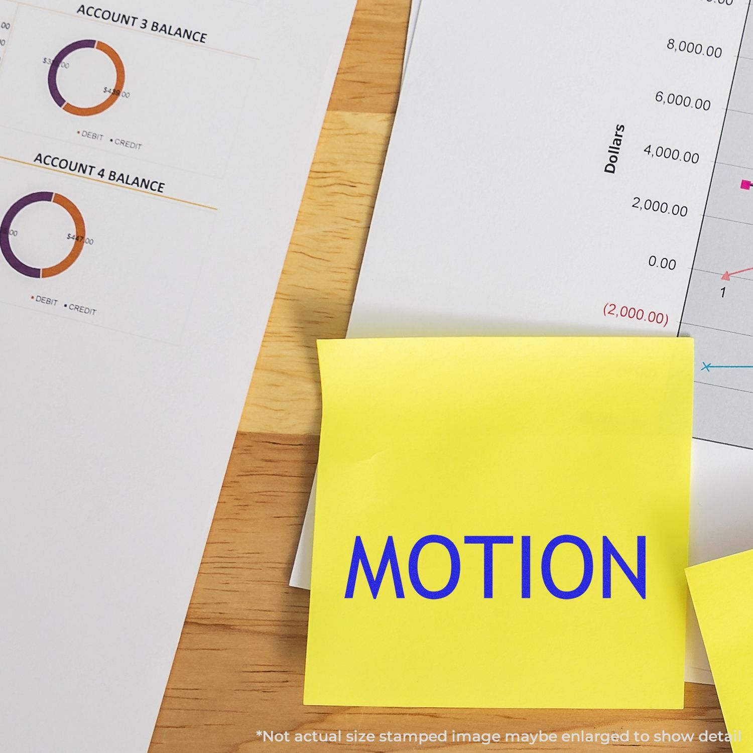 Yellow sticky note labeled MOTION on financial charts and accounting reports, business motion document on a wooden desk.