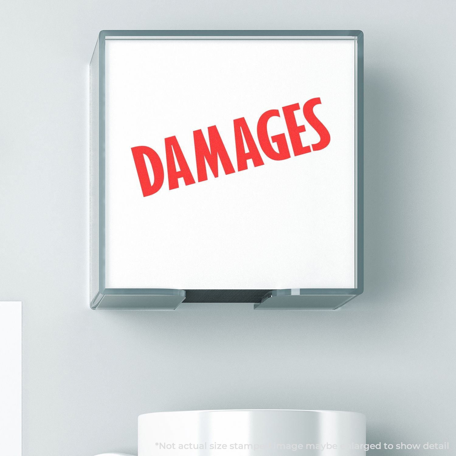 Wall-mounted display showing DAMAGE in red, highlighting a damage alert message for safety or maintenance.