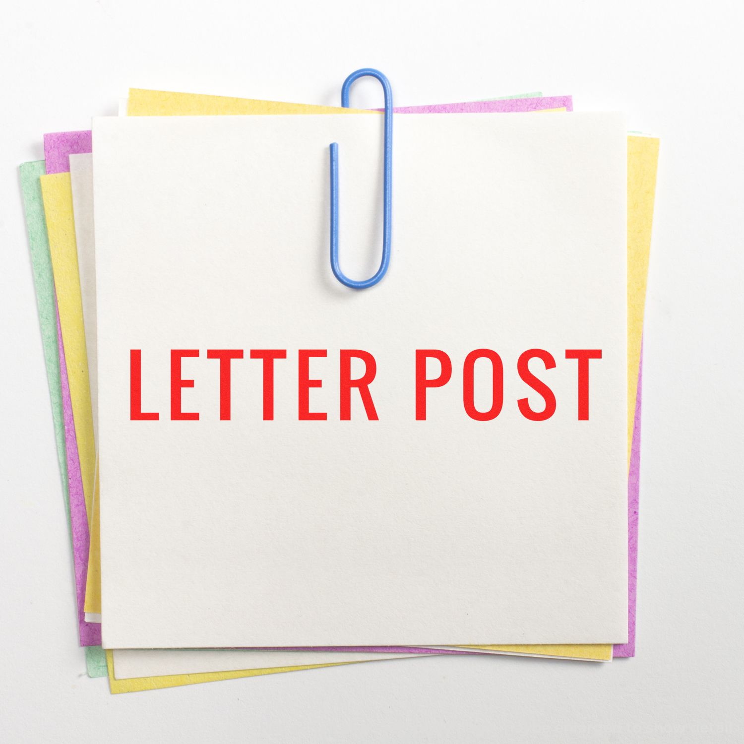 Letter post concept image with a blue paperclip holding colorful papers and the bold red text LETTER POST for mailing updates