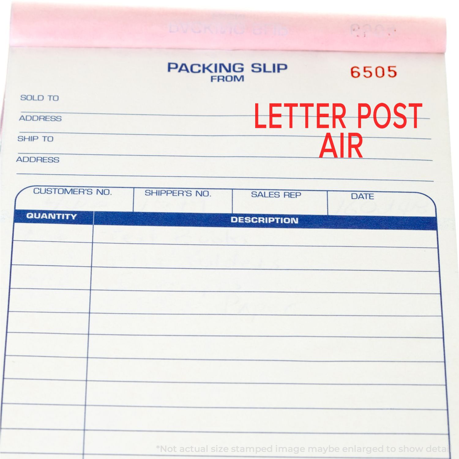 Packing slip form labeled Letter Post Air for shipping records, including addresses, quantity, and description fields.