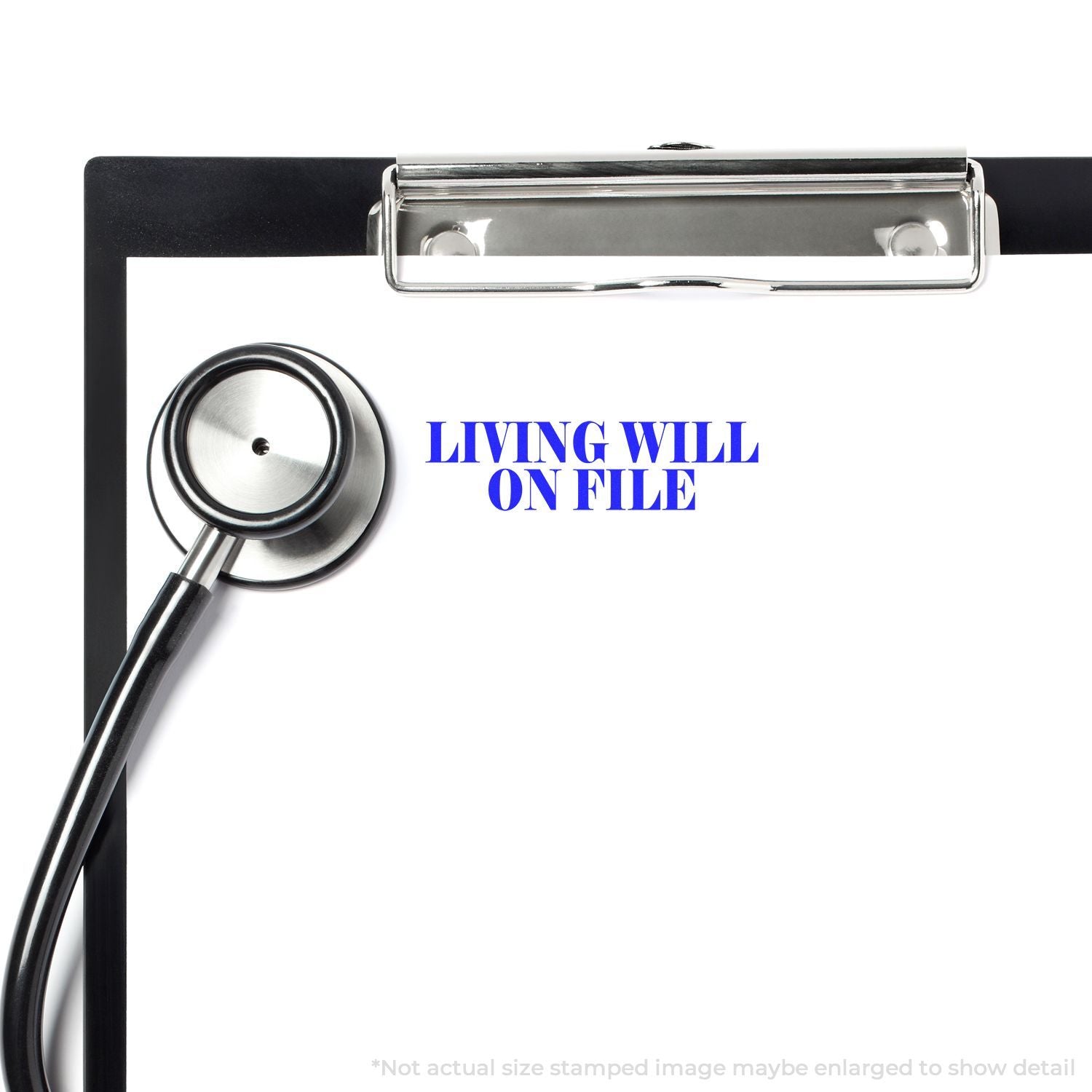 Living will on file concept image: stethoscope beside clipboard with healthcare directive document for end-of-life care records.