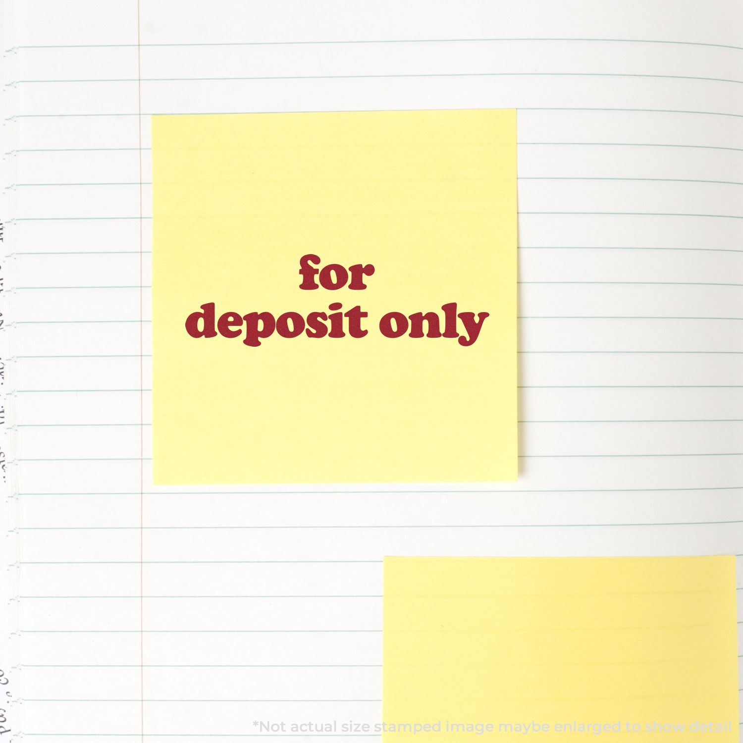 Yellow sticky note reading For deposit only on lined paper, reminding bank deposit restrictions and secure cheque deposit handling.