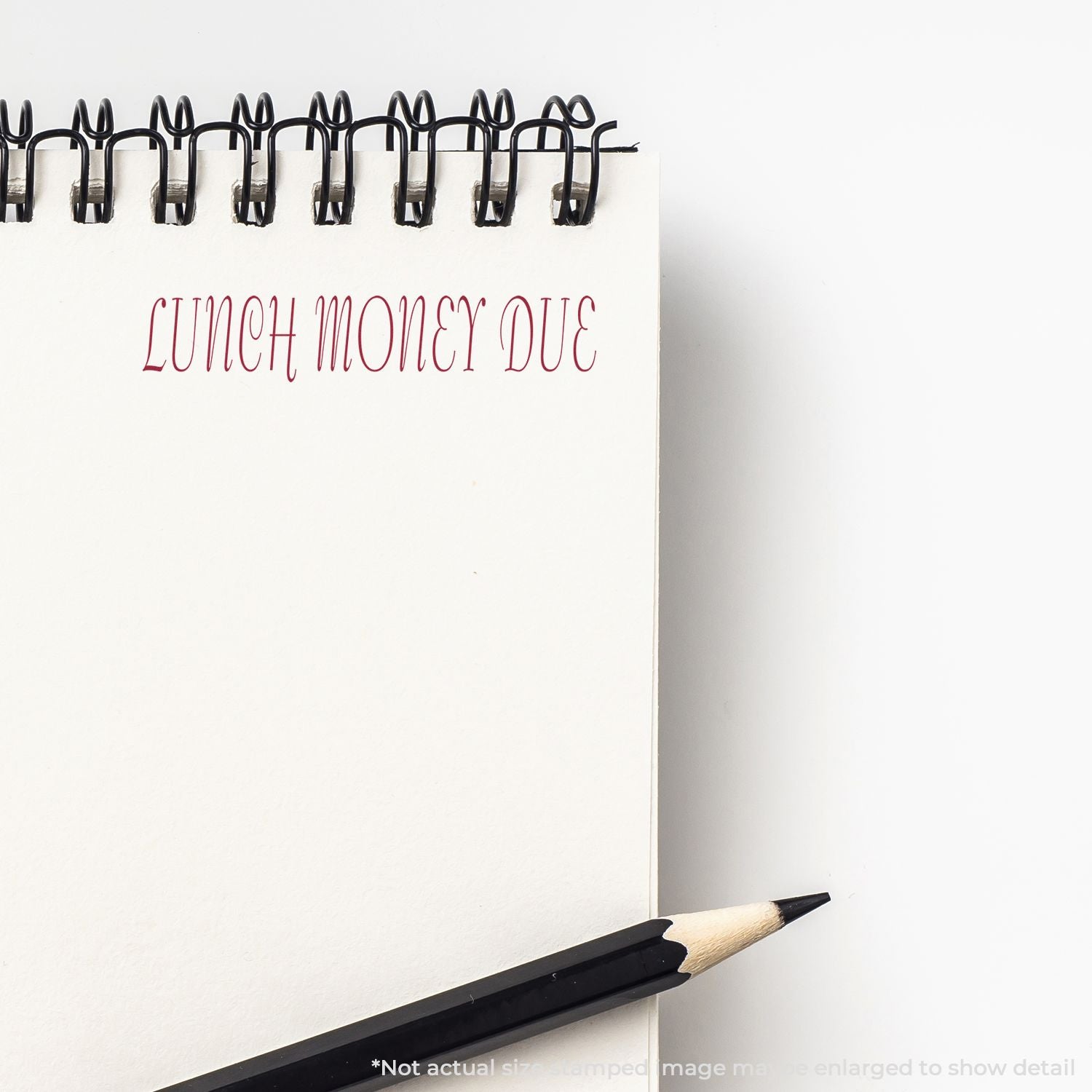 Spiral notebook page with lunch money due handwritten note and pencil on white background.