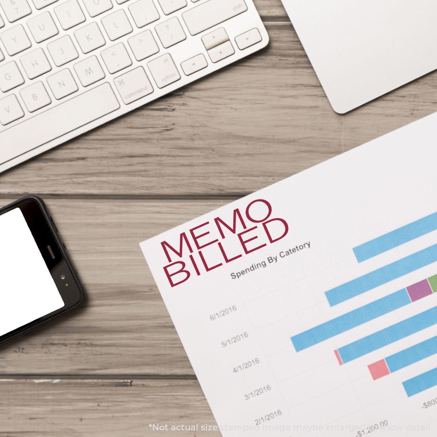 Budgeting and bill payment concept: Memo Billed receipt and expense chart on desk, showing expense tracking with laptop and phone.