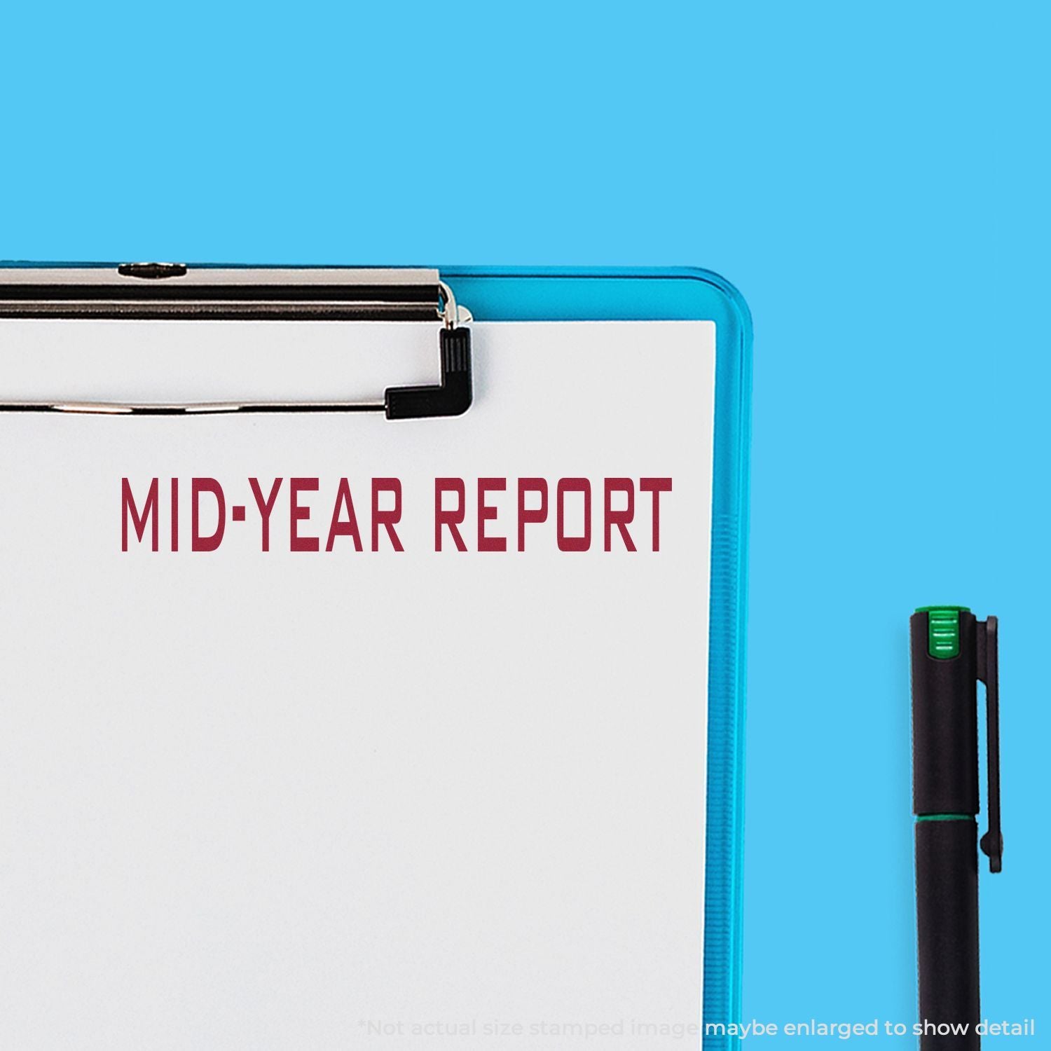 Mid-year report document with binder clip and pen, showing MID-YEAR REPORT title for business progress updates