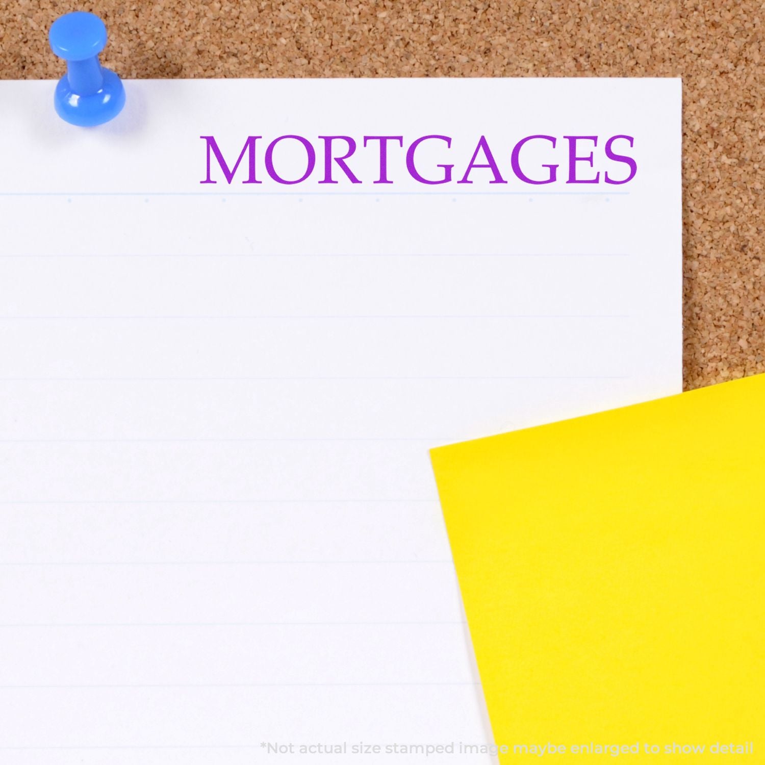 Mortgage concept pinned to corkboard with blank note and yellow sticky note, home loan finance office background.