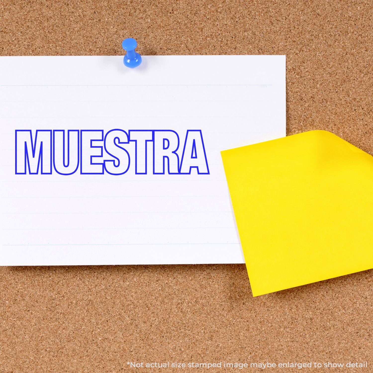 Corkboard note MUESTRA with blue pushpin and yellow sticky note, highlighting product sample marketing.