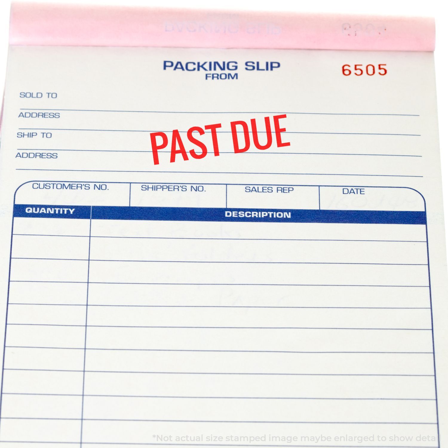 Past due packing slip form with stamped overdue status, showing shipment details and customer address fields for delivery.