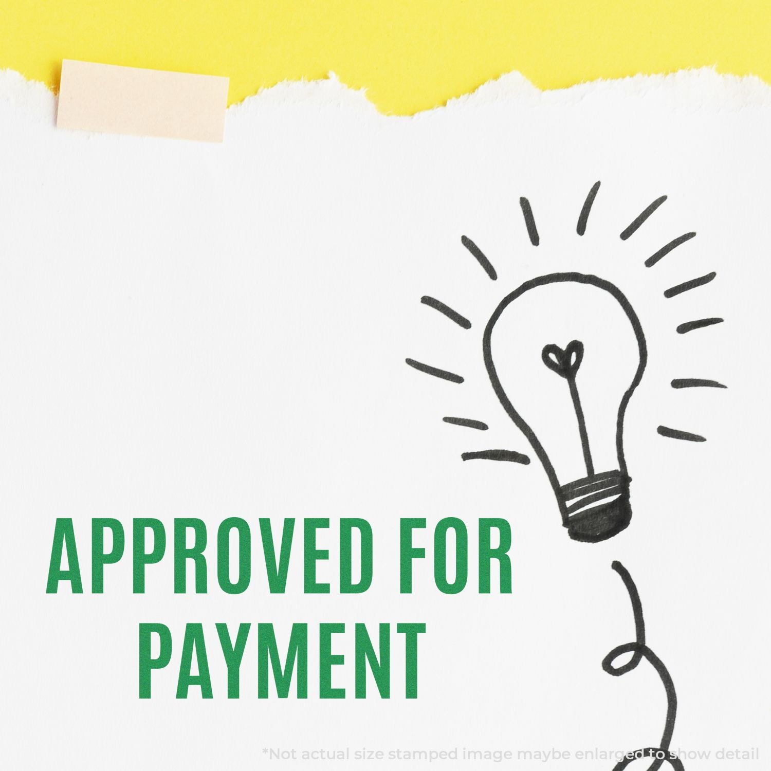 Approved for payment stamp with light bulb idea sketch on white and yellow background, symbolizing invoice approval and funding.