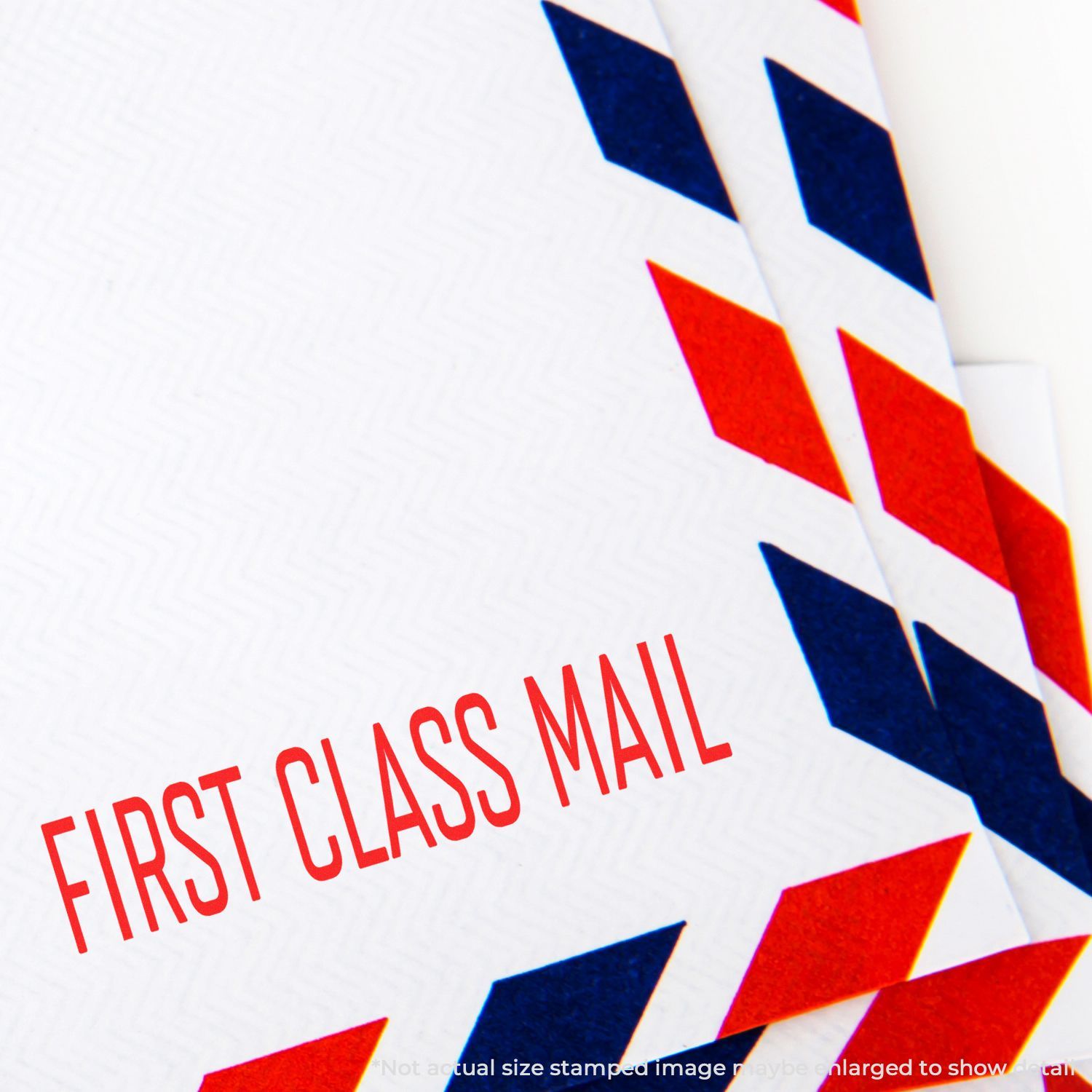 First Class Mail envelope with red, white and blue flag design and text, promoting USPS-style mailing and fast delivery service