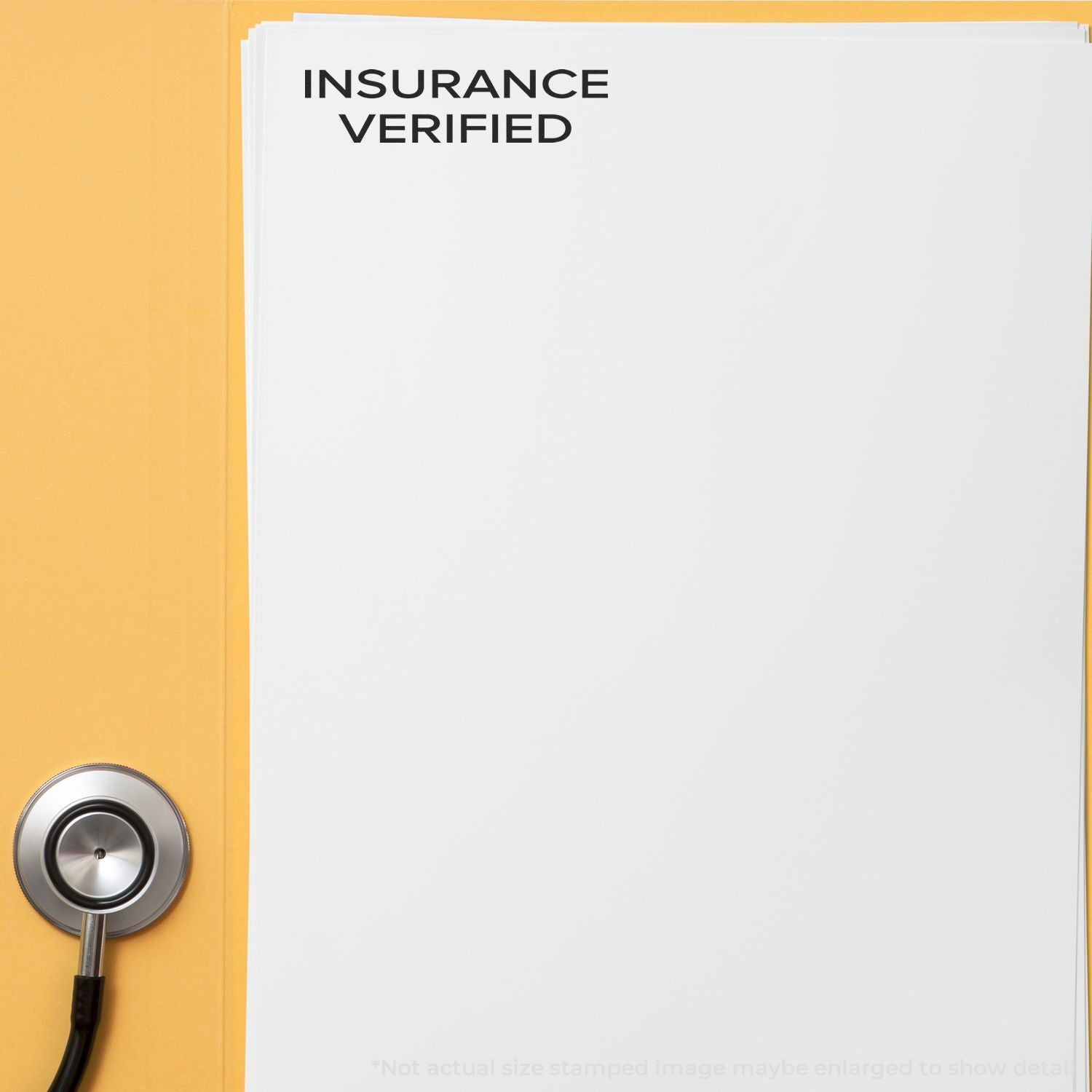 Insurance verified paperwork with stethoscope, indicating confirmed medical coverage and policy verification for insurance claims.