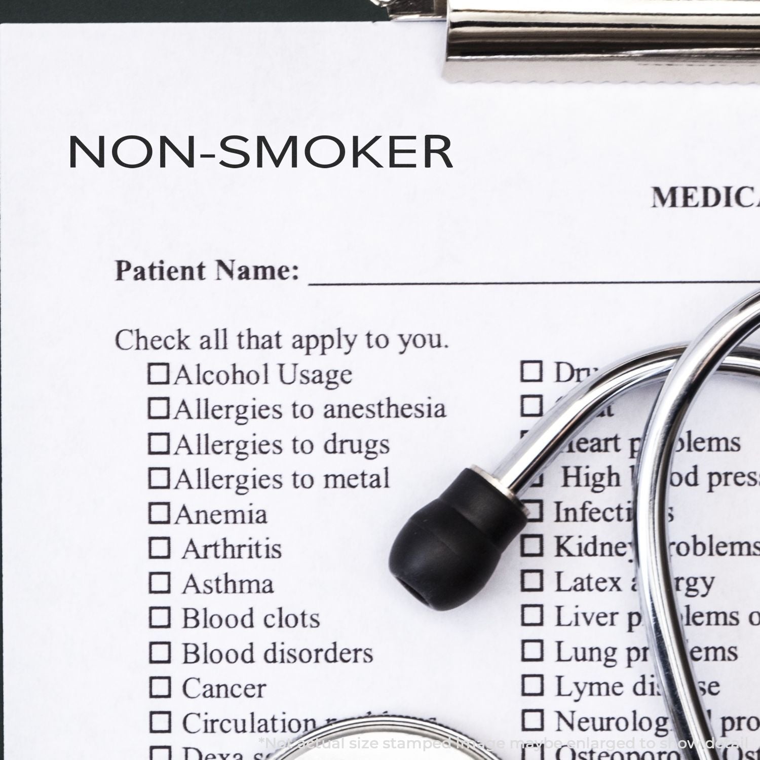Non-smoker patient intake form with medical history checkboxes and stethoscope for pre-surgery health screening