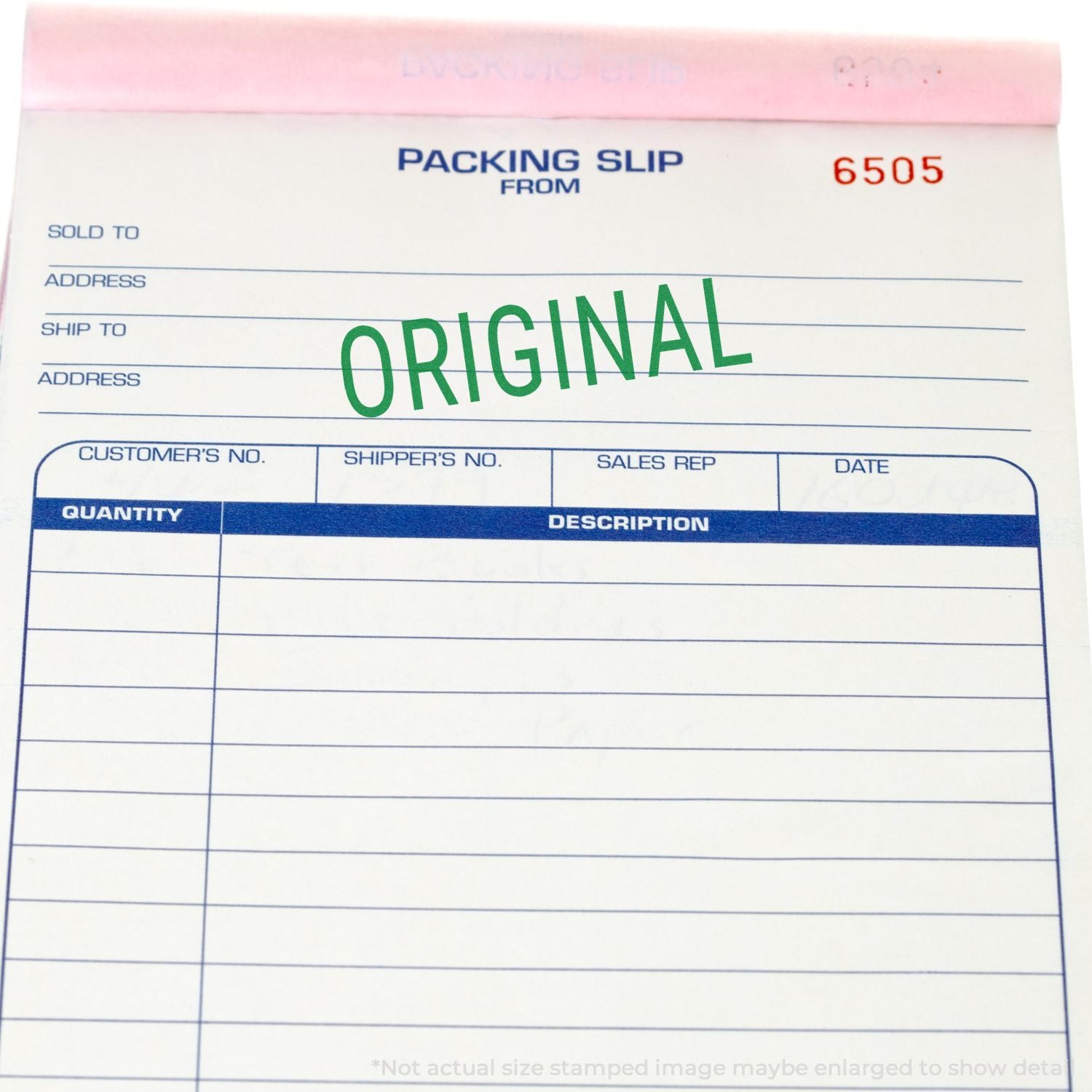 Blank original packing slip form with shipping and order details fields, business invoice template, and quantity description sections