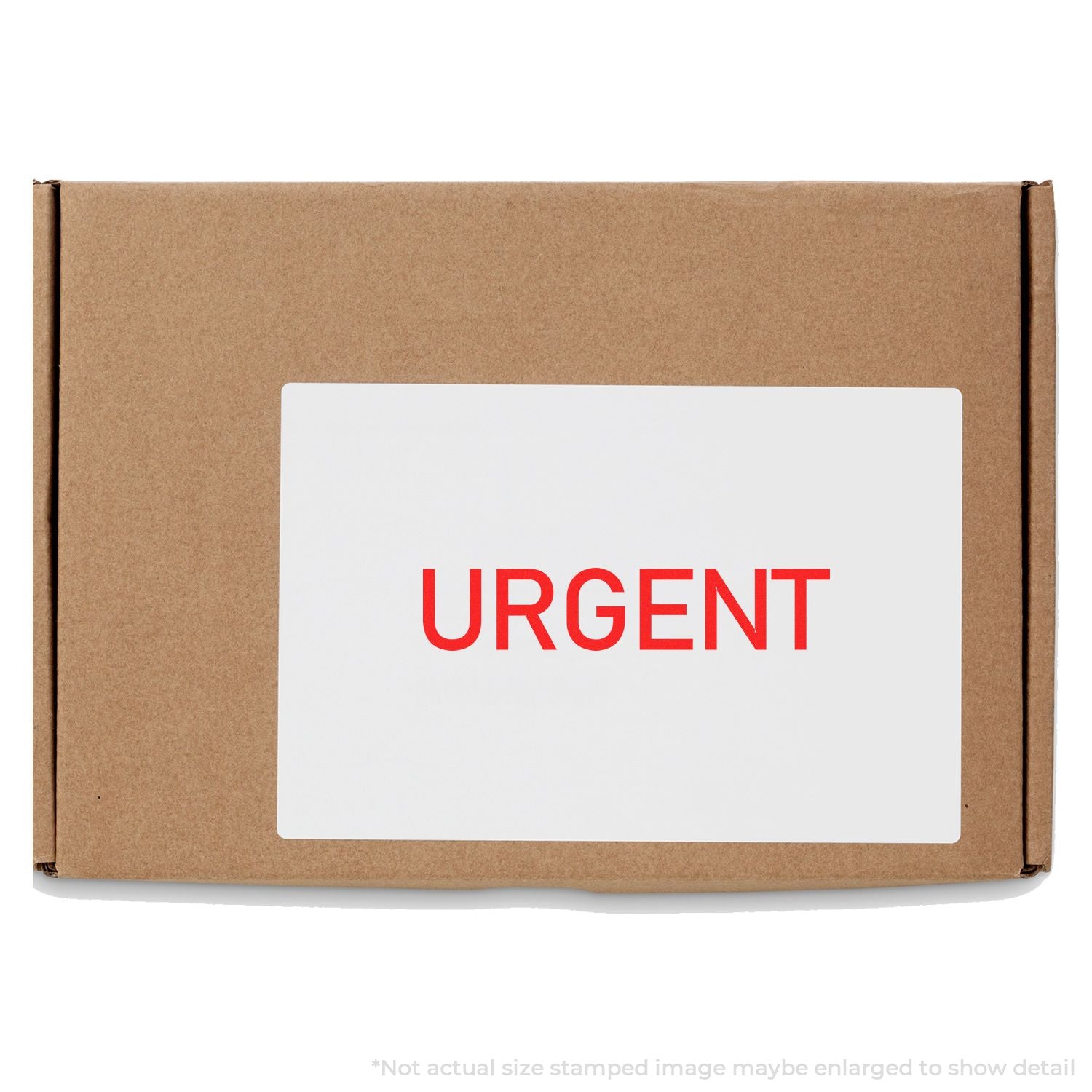 Cardboard shipping box with white label stamped URGENT in red, indicating priority mail or urgent delivery.