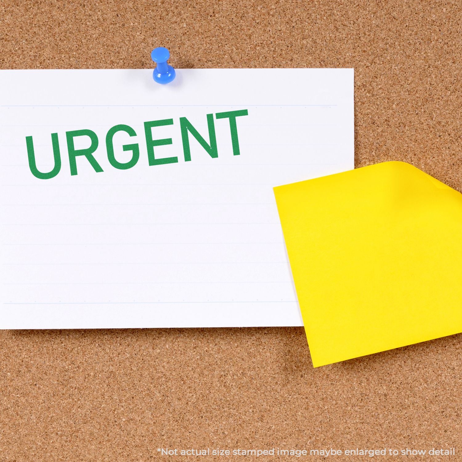 Urgent notice pinned on corkboard with blue thumbtack and yellow note, highlighting time-sensitive alert.