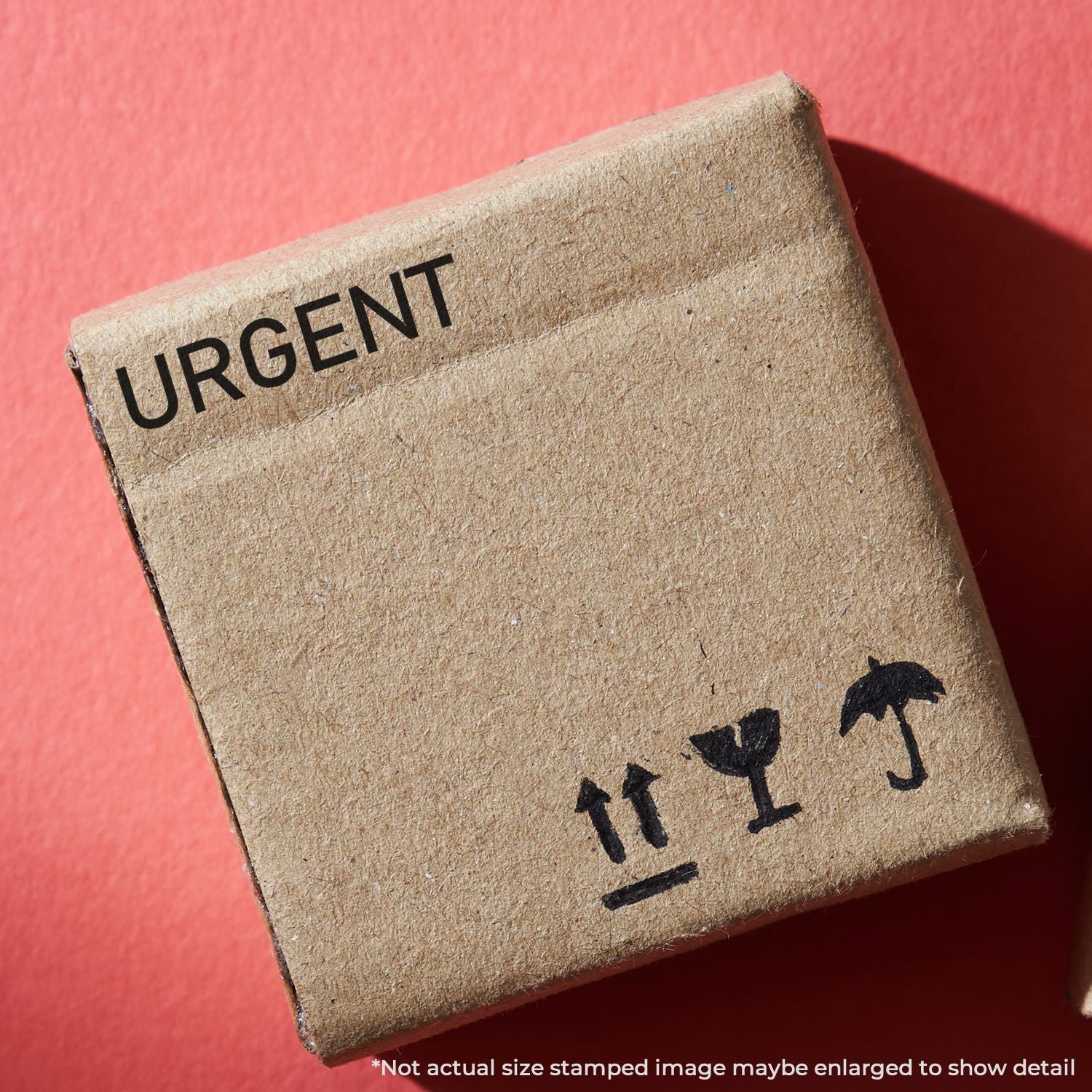Macro close-up of an URGENT stamped mail label on a red background, signaling priority urgent delivery and expedited processing
