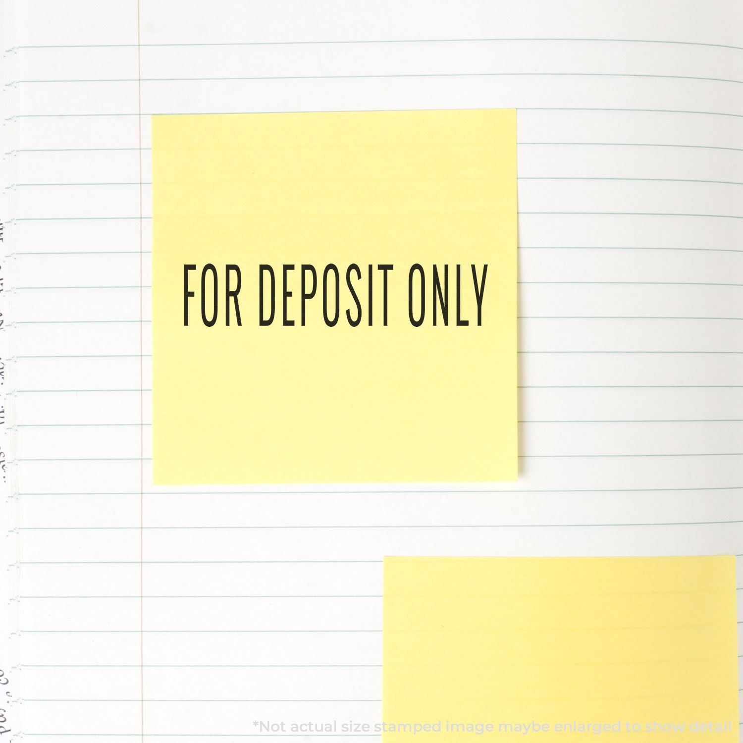 For deposit only yellow sticky note on lined paper, indicating funds should be deposited to the correct bank account only.