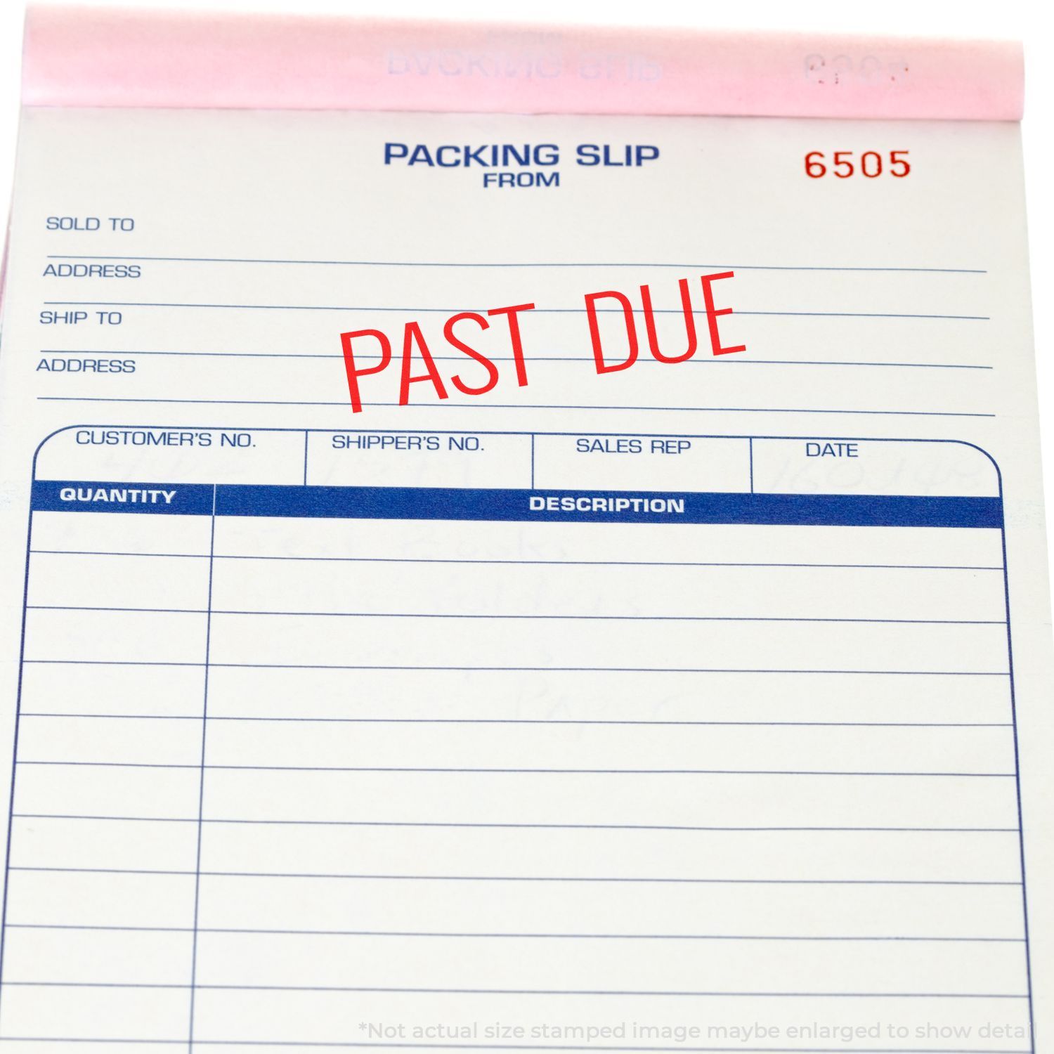 Packing slip marked PAST DUE, showing shipment details and billing fields on a shipping document for overdue accounts.